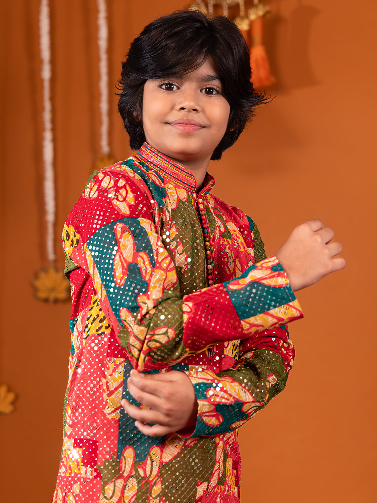 Floral printed silk pink kurta pajama