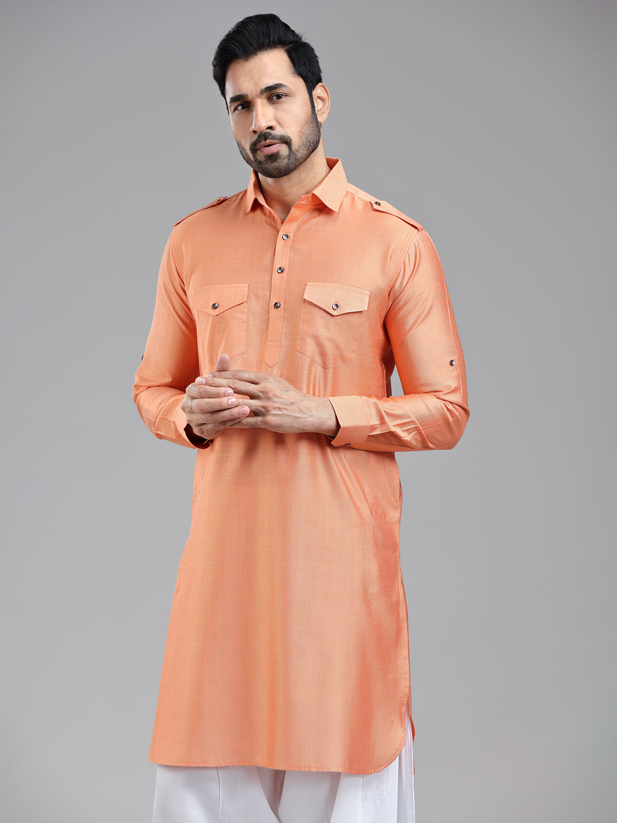 Freshy salmon peach pathani kurta for men