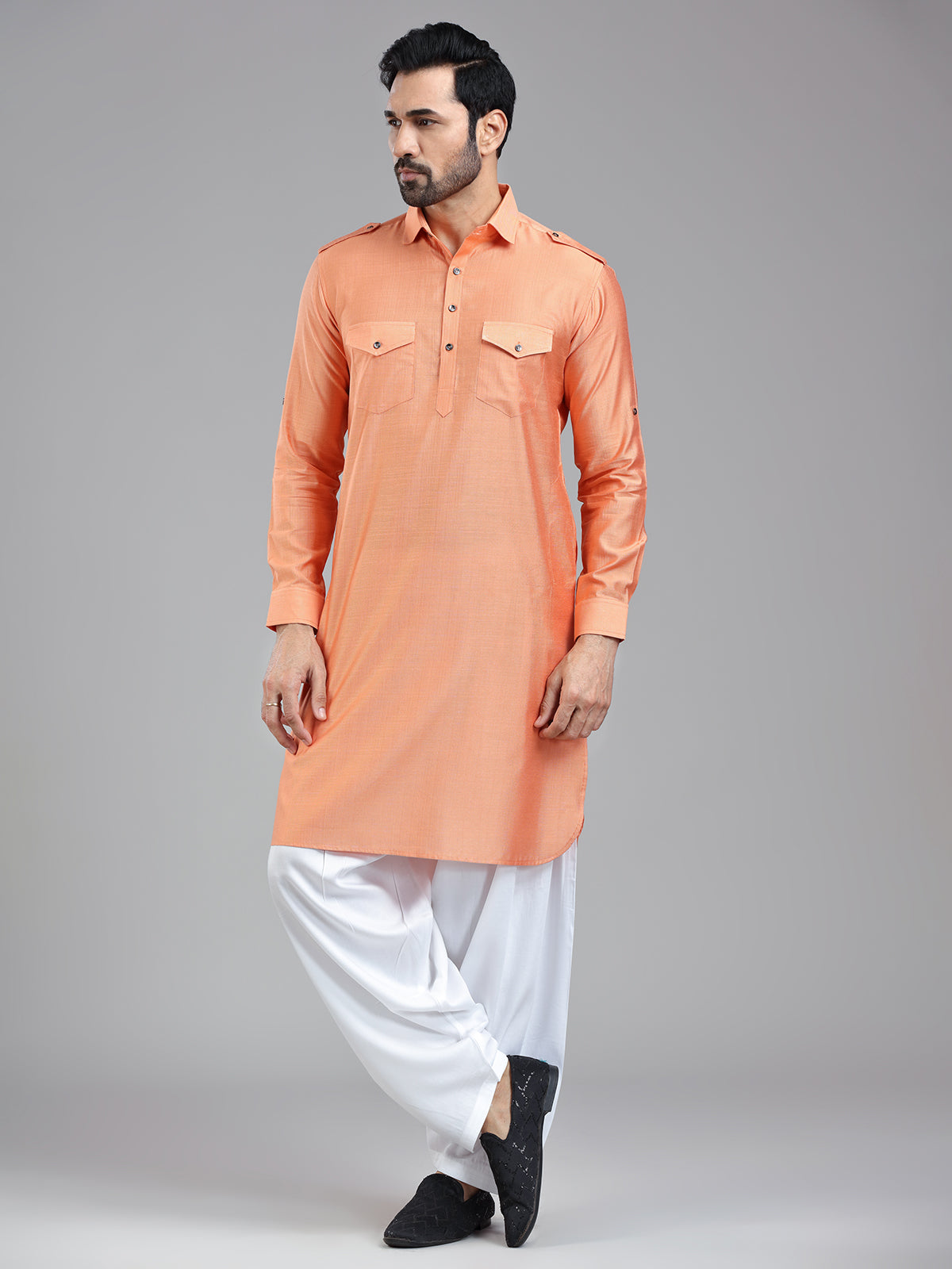 Freshy salmon peach pathani suit for men