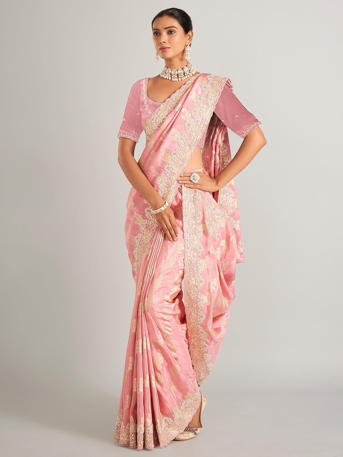Glowing light pink zari worked saree in silk