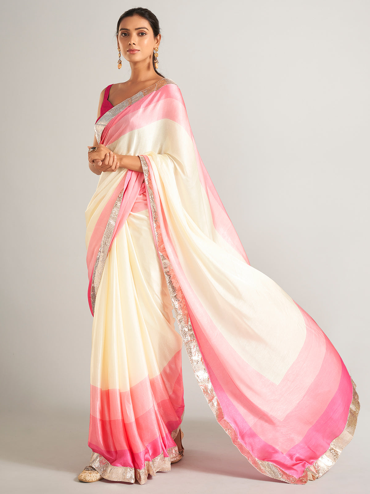 Glowing pink and cream masru silk saree