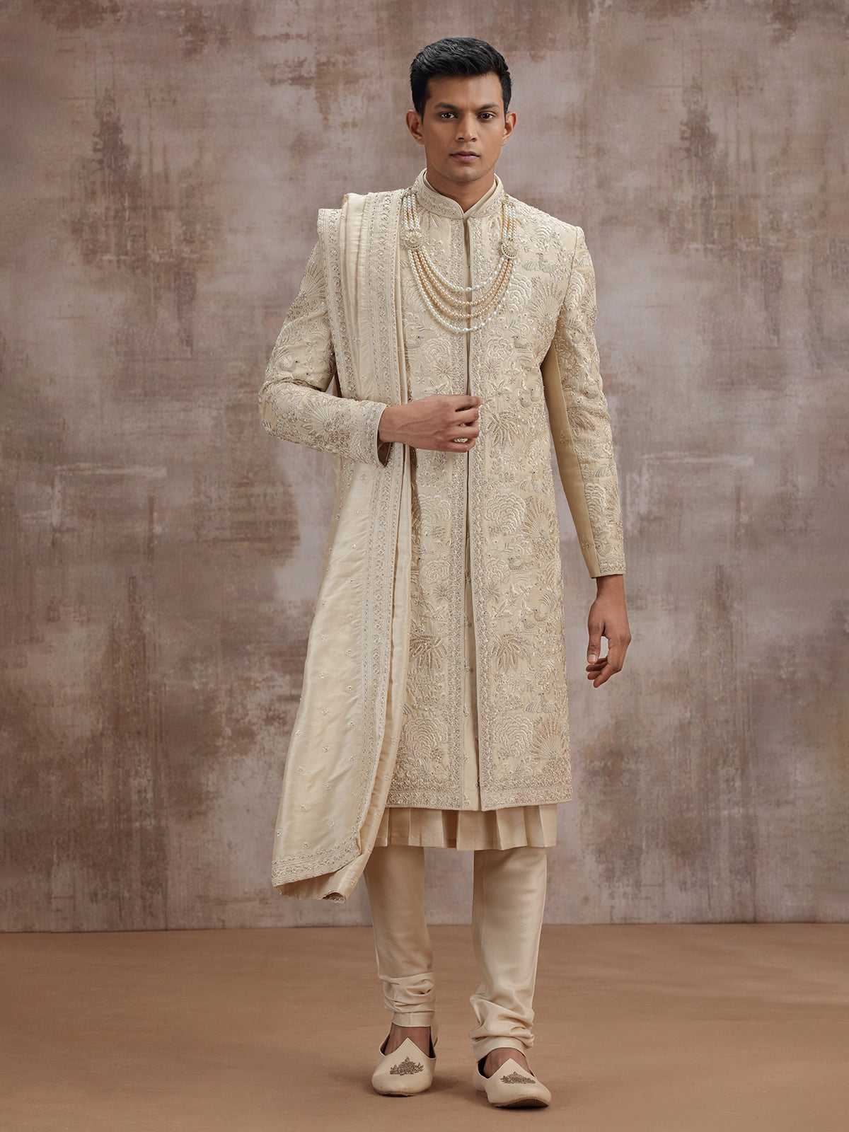 Gold art silk peshwai sherwani with dupatta for wedding