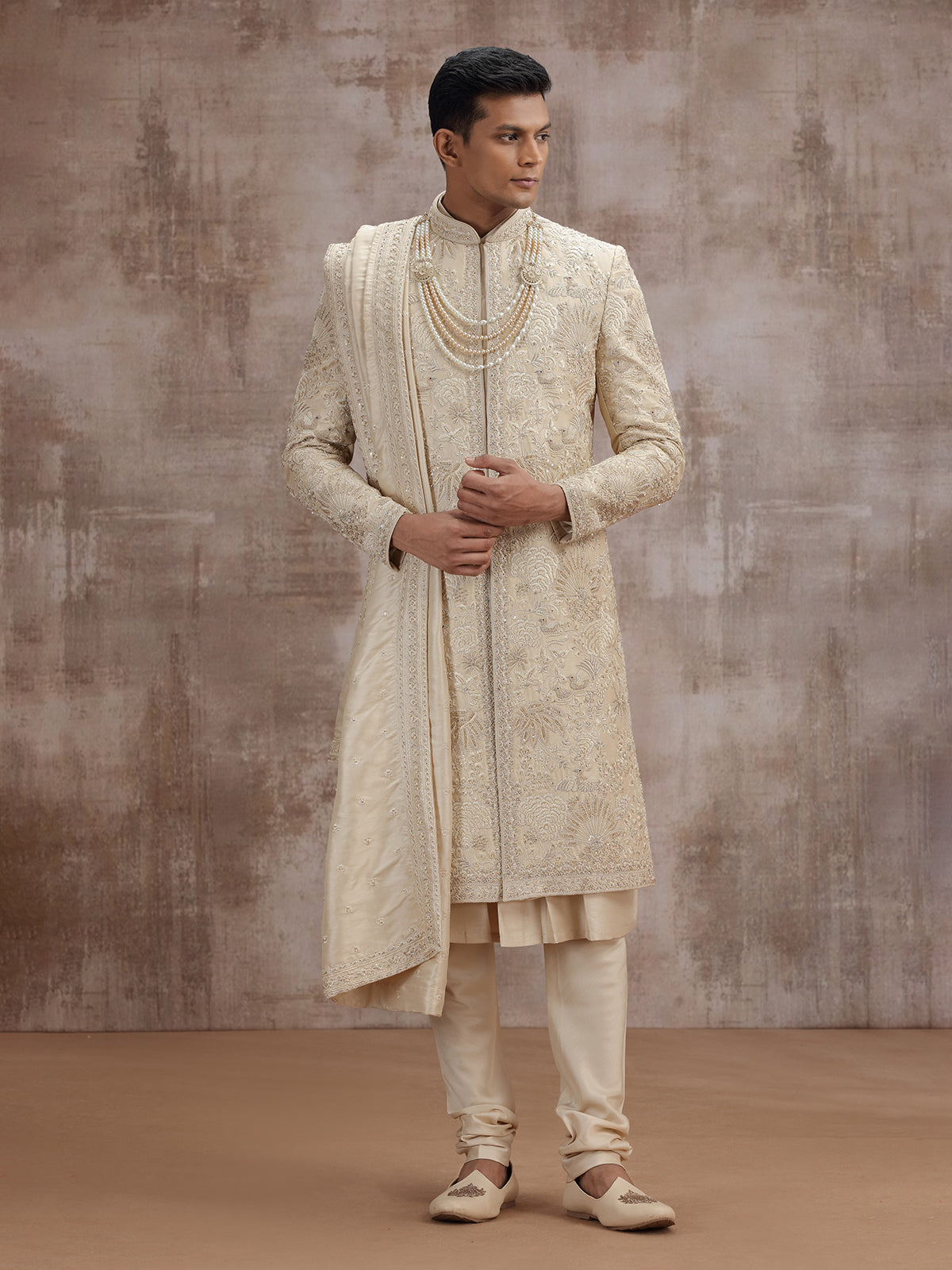 Gold art silk peshwai sherwani with dupatta for wedding