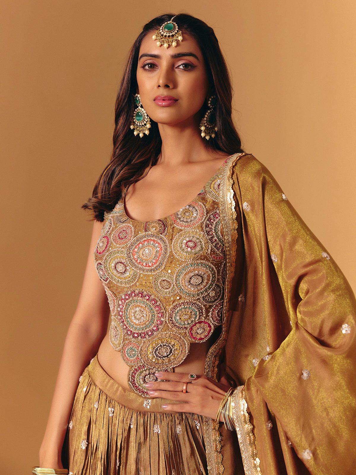 Gold silk designer cutdana bridal lehenga choli for women