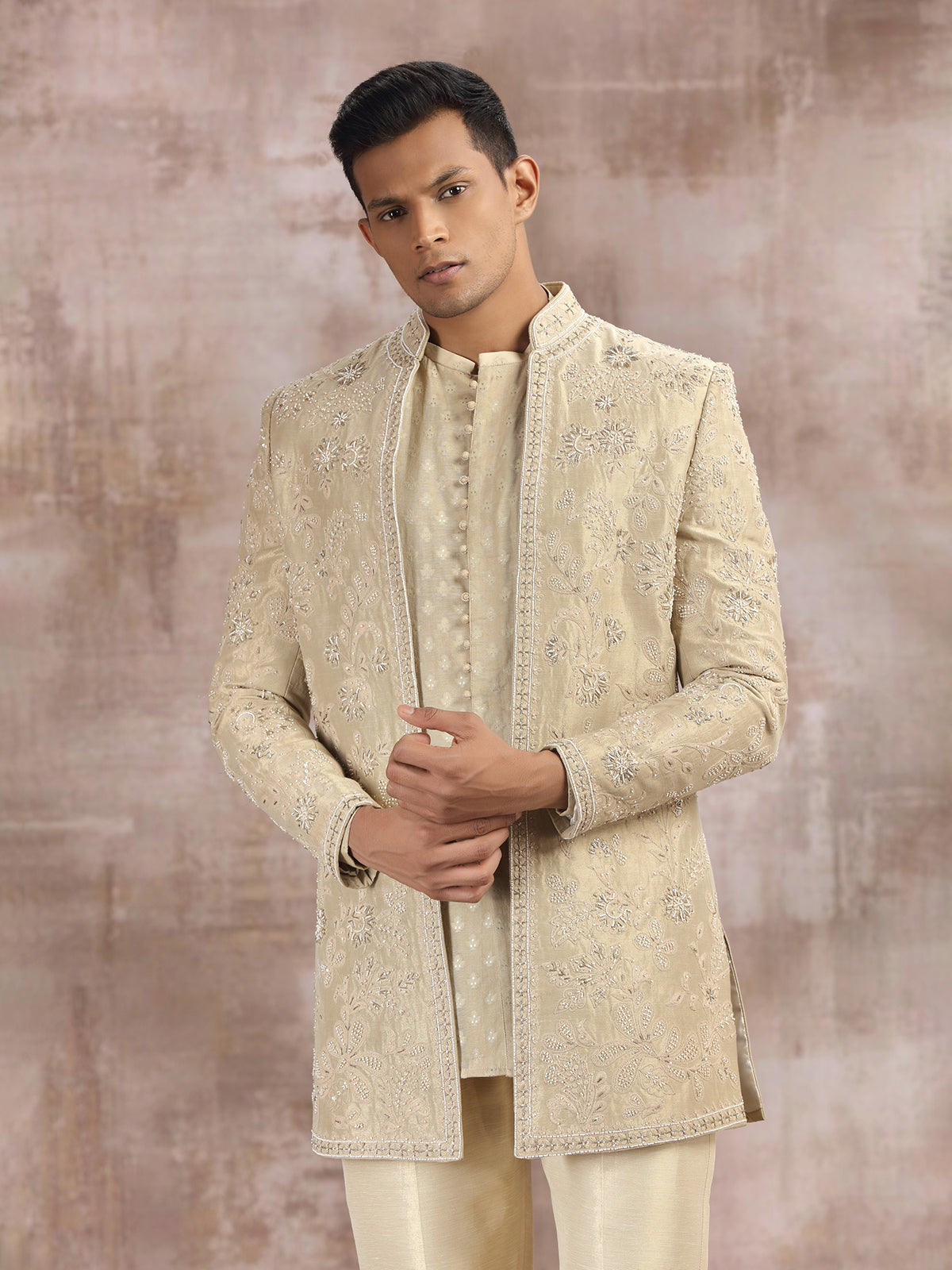 Gold silk indo western set with embroidery work