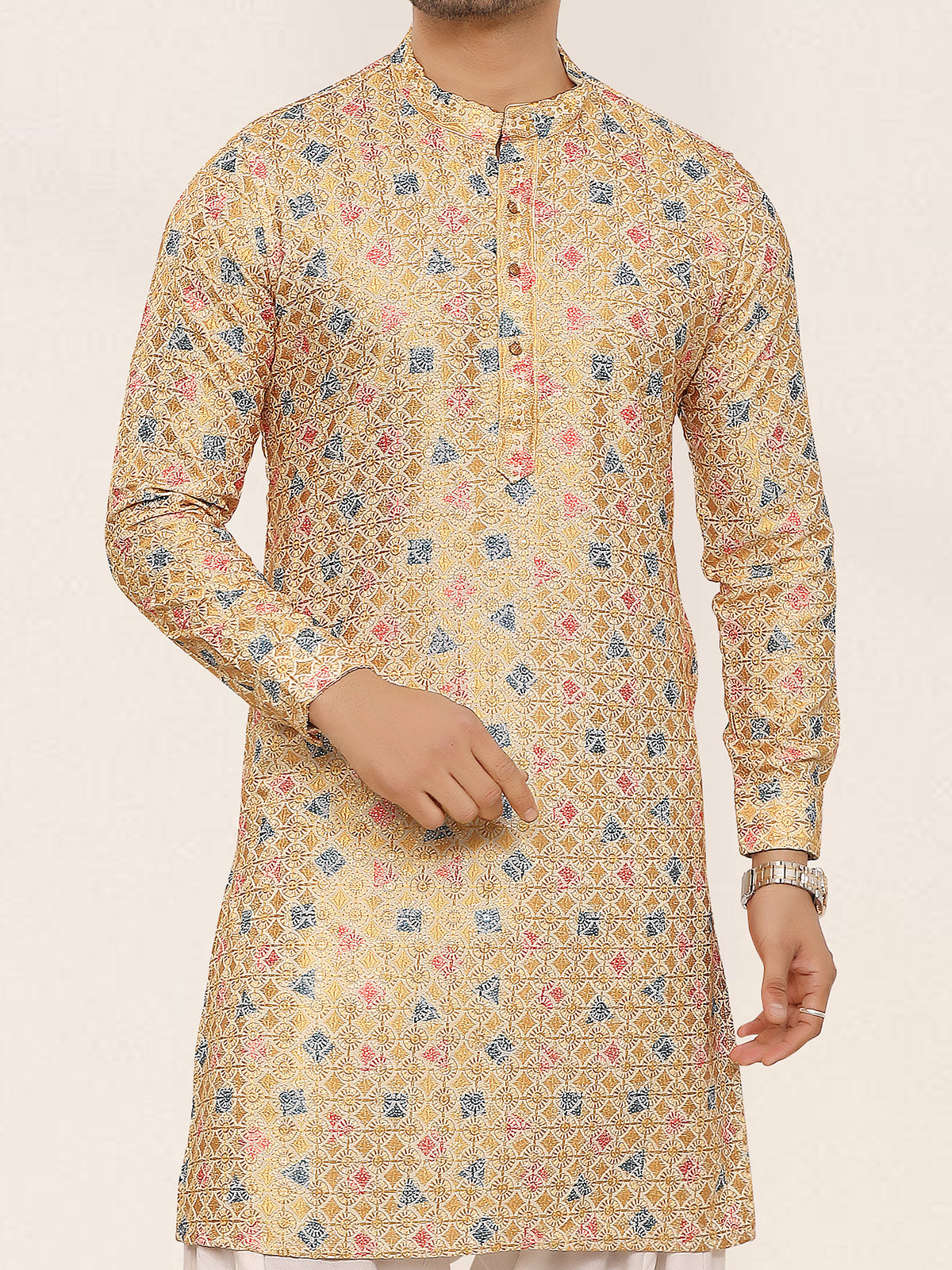 Gold silk kurta with embroidery and sequins elegance