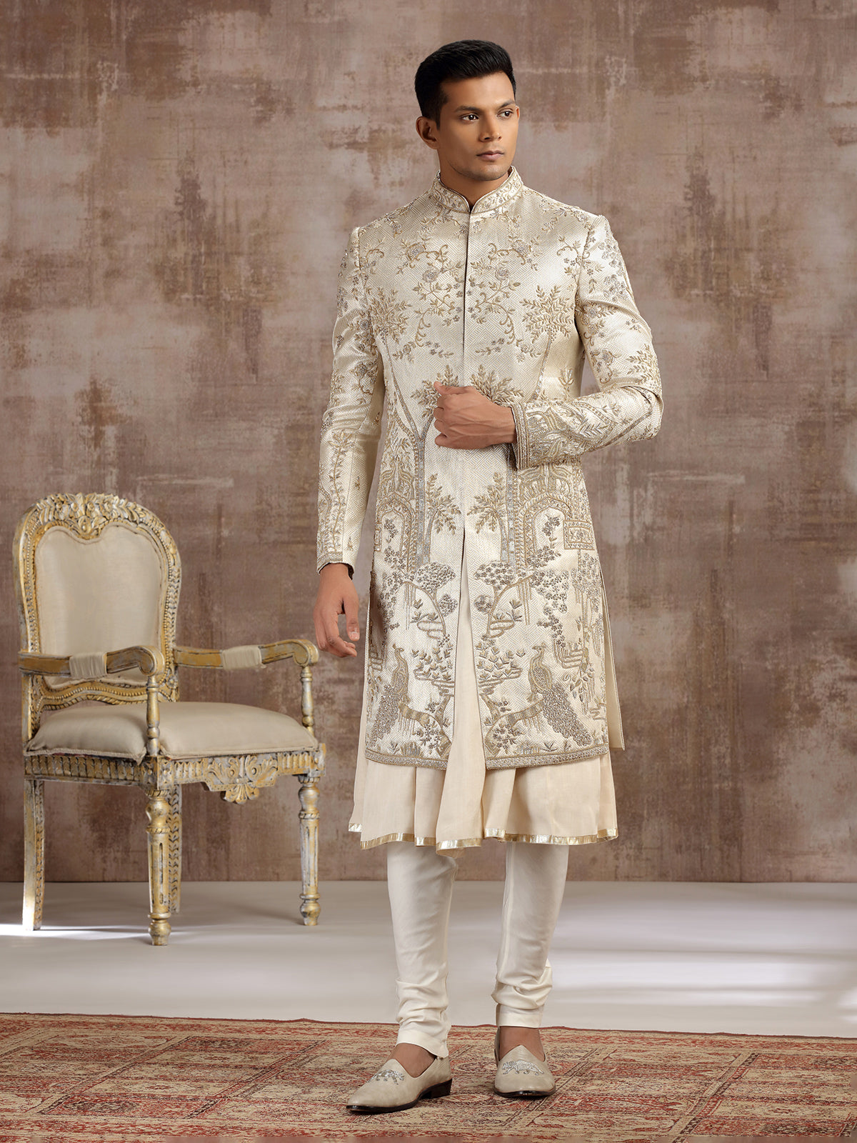 Gold silk peshwai sherwani with classic craftsmanship
