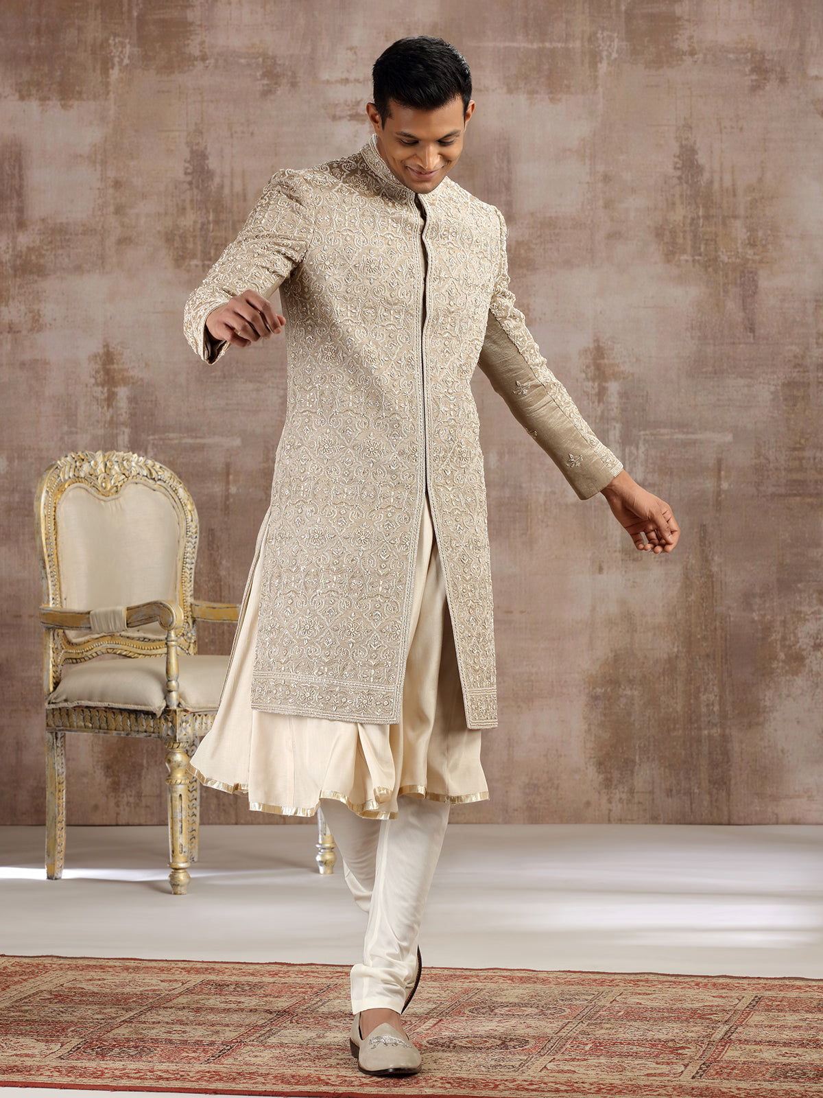 Gold silk peshwai sherwani with subtle shine
