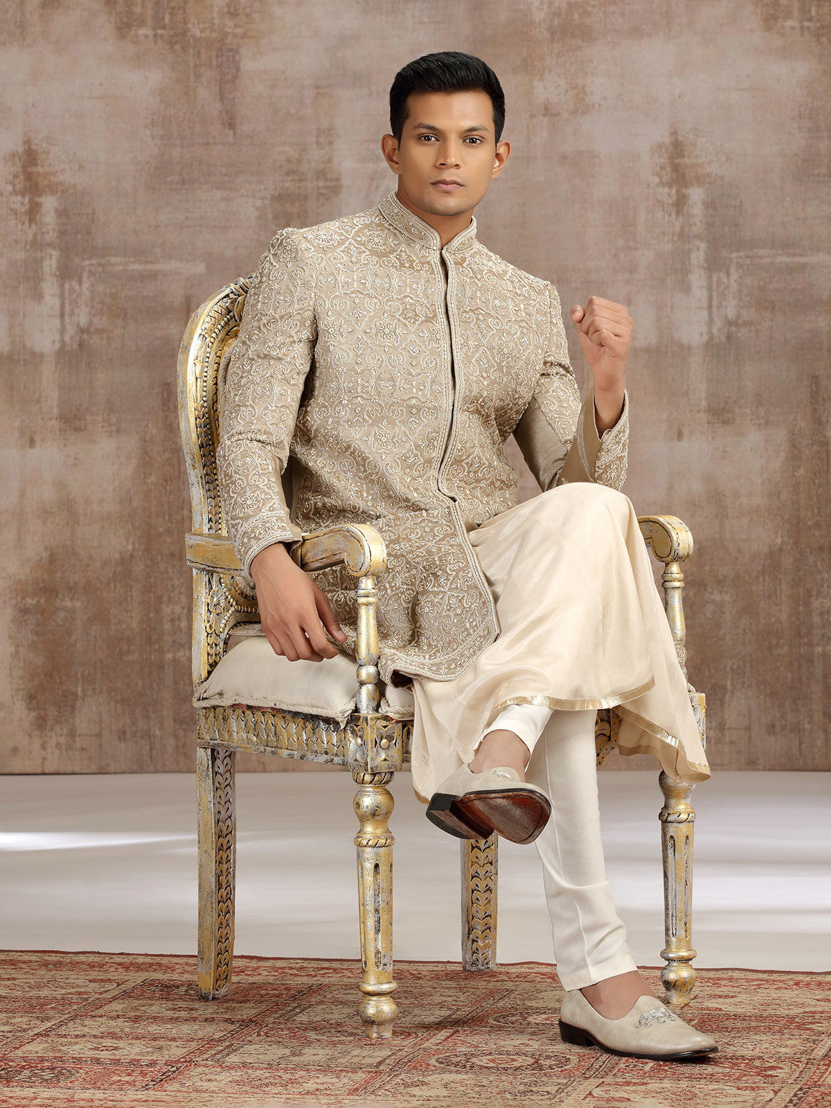 Gold silk peshwai sherwani with subtle shine
