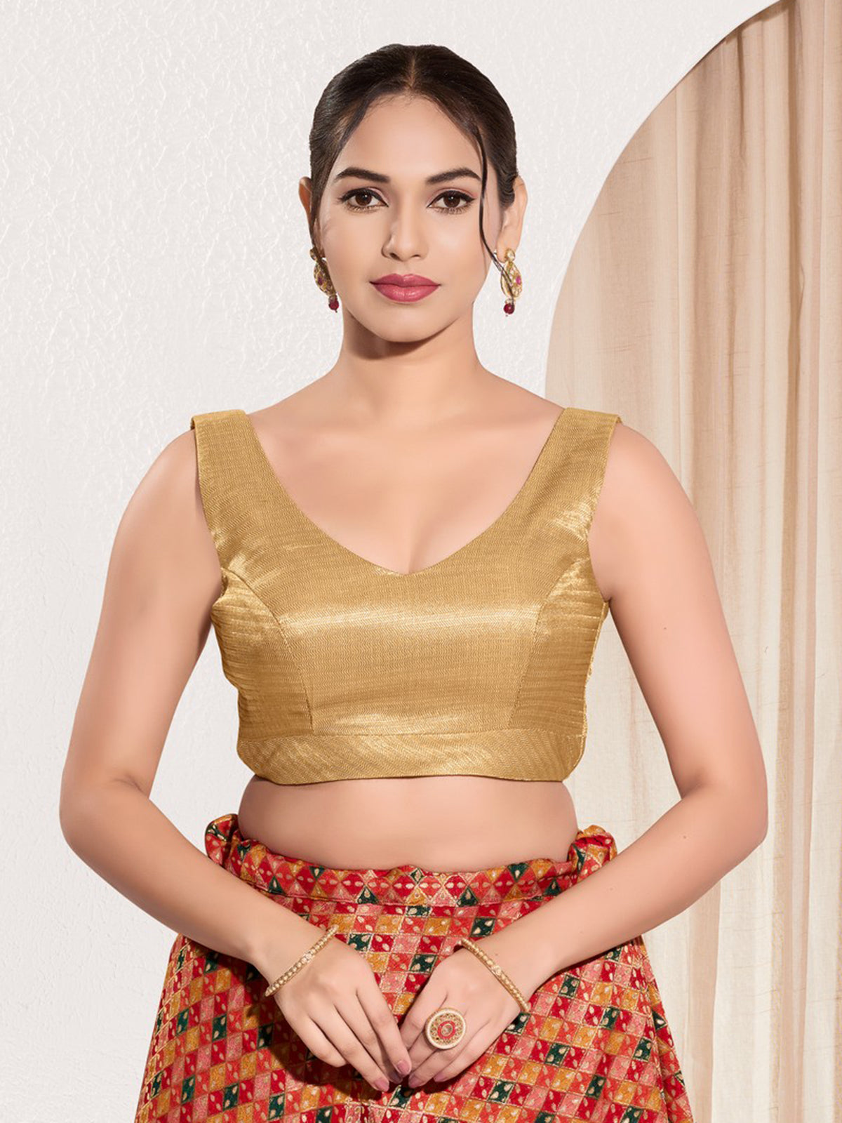 Golden silk ready made blouse in zari weaving