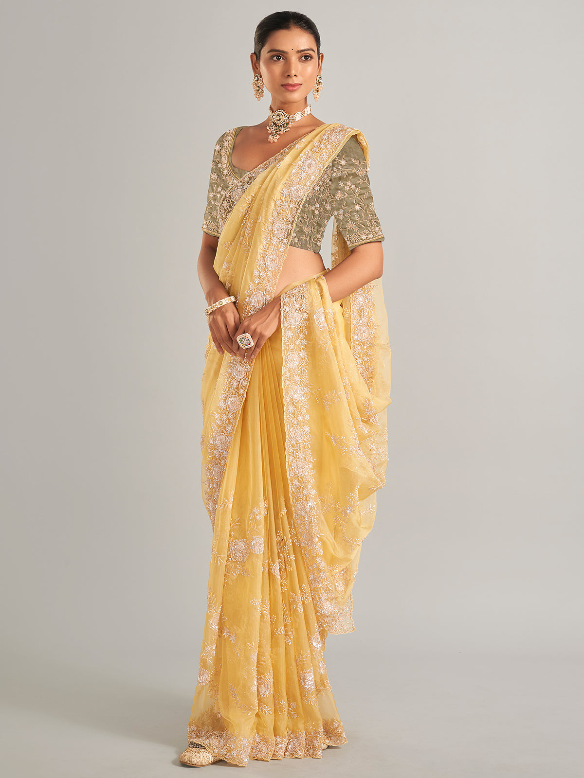Light yellow organza silk saree