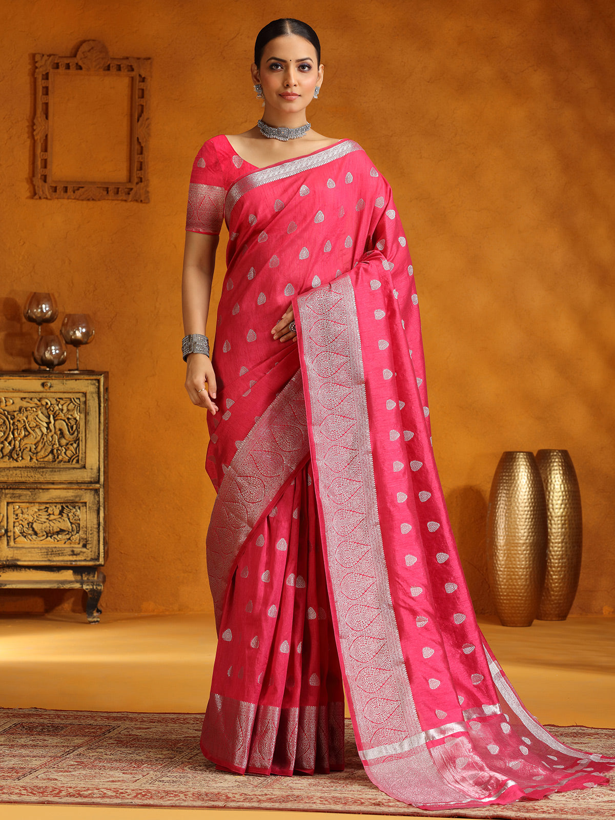 Gorgeous pink silk saree with zari weaving