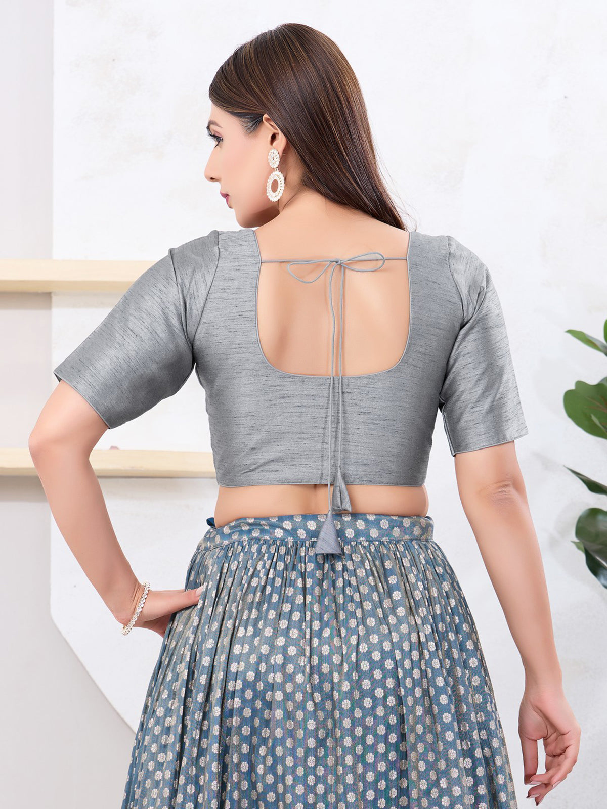 Graceful grey dupion silk front open blouse