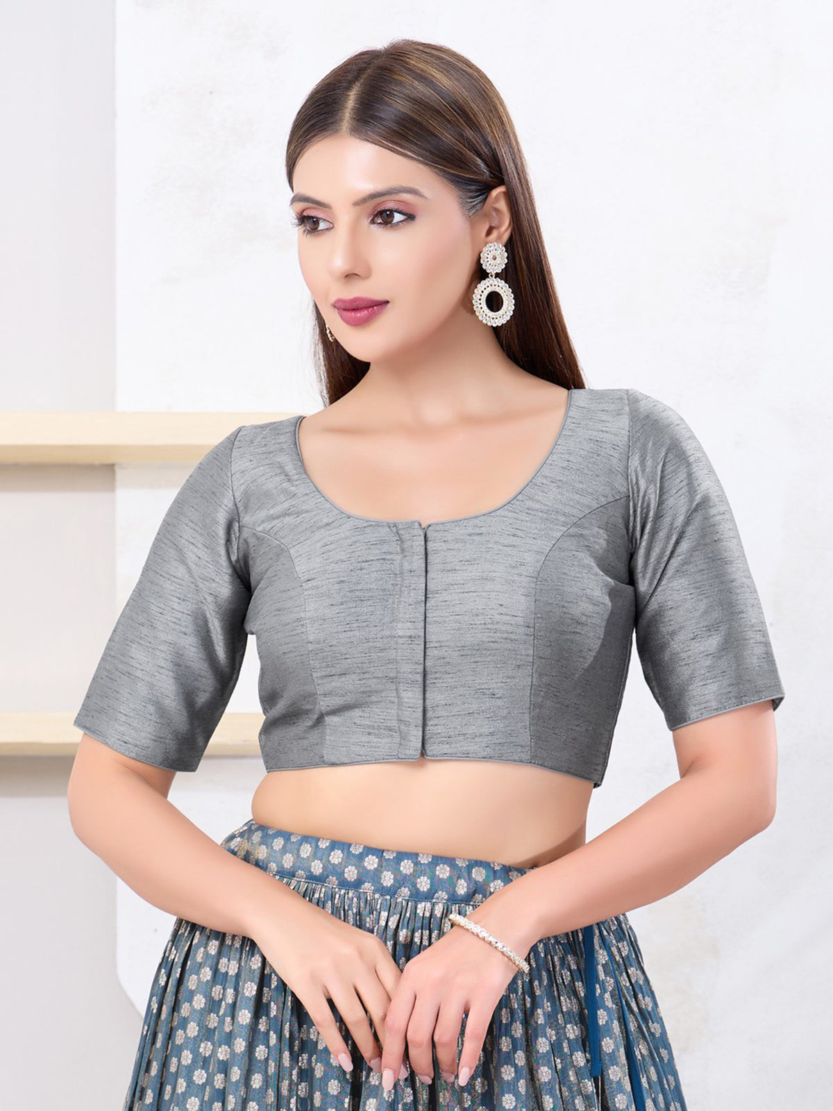 Graceful grey dupion silk front open blouse
