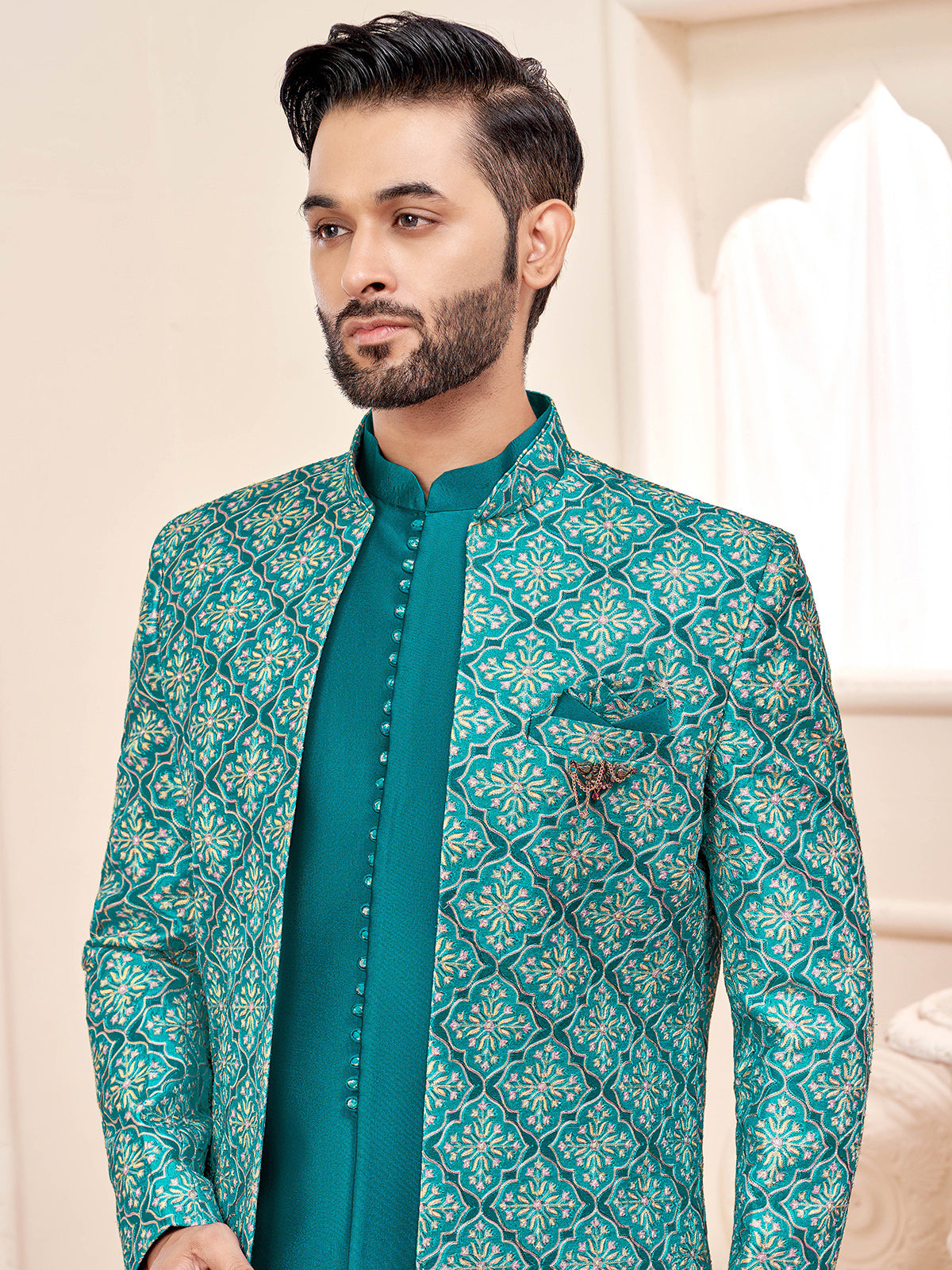 Graceful rama green indowestern for wedding splendor