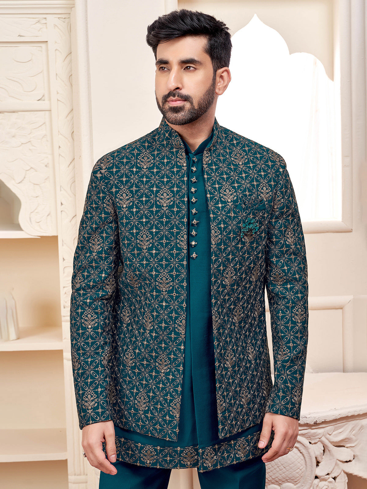 Graceful rama green indowestern for weddings