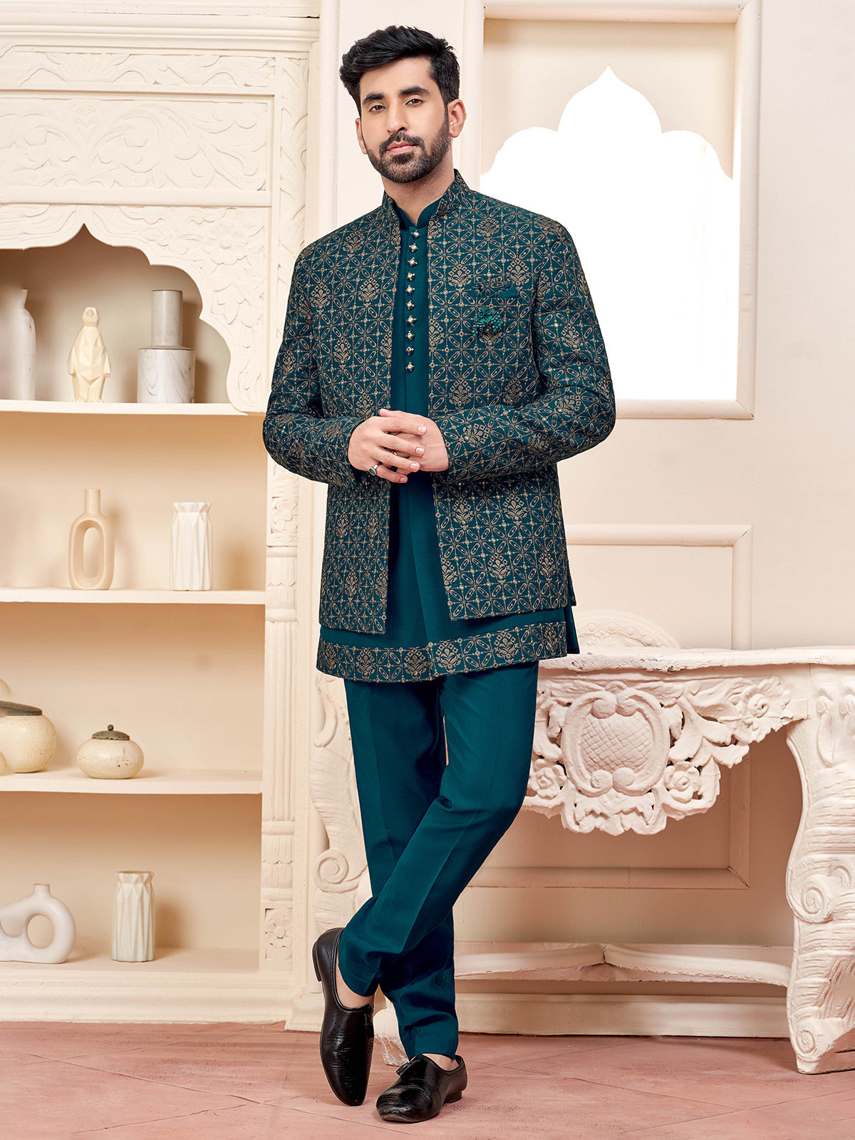 Graceful rama green indowestern for weddings