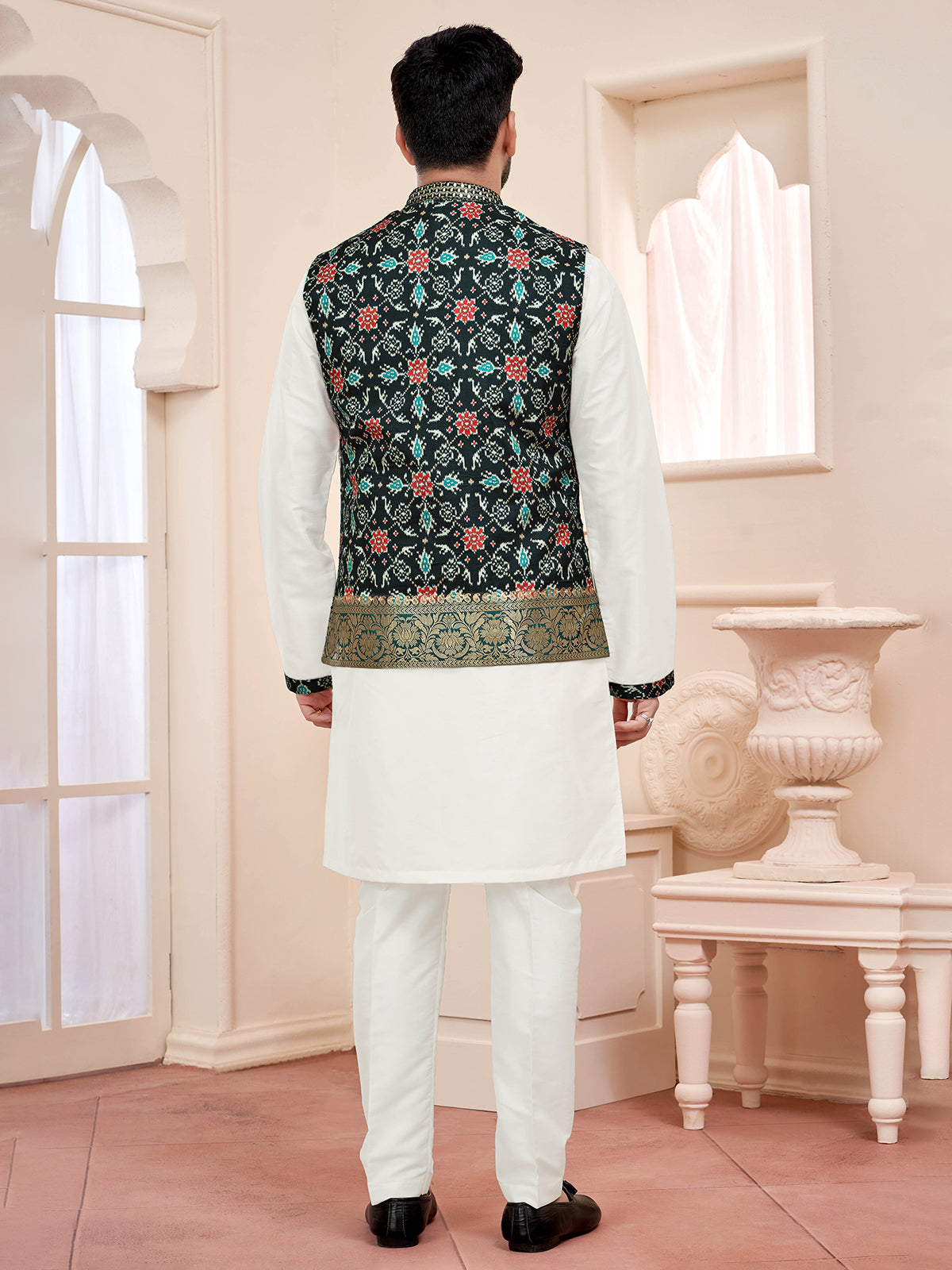 Graceful white and green waistcoat set for festive moments