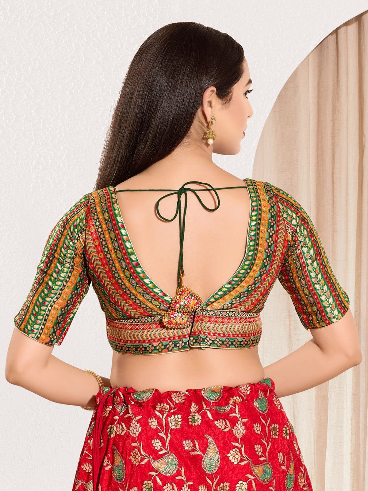 Green brocade printed V neck elbow sleeve blouse