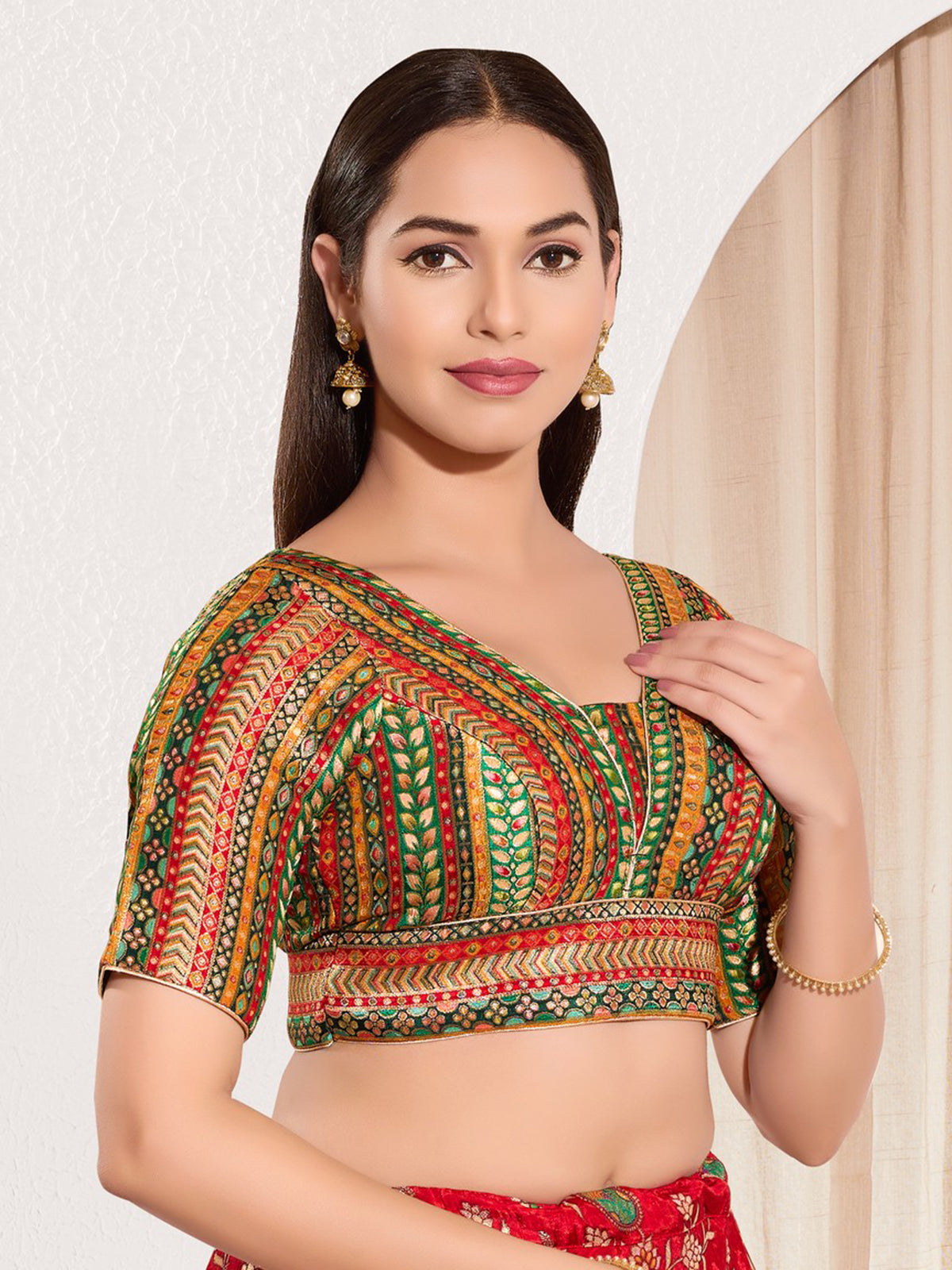 Green brocade printed V neck elbow sleeve blouse