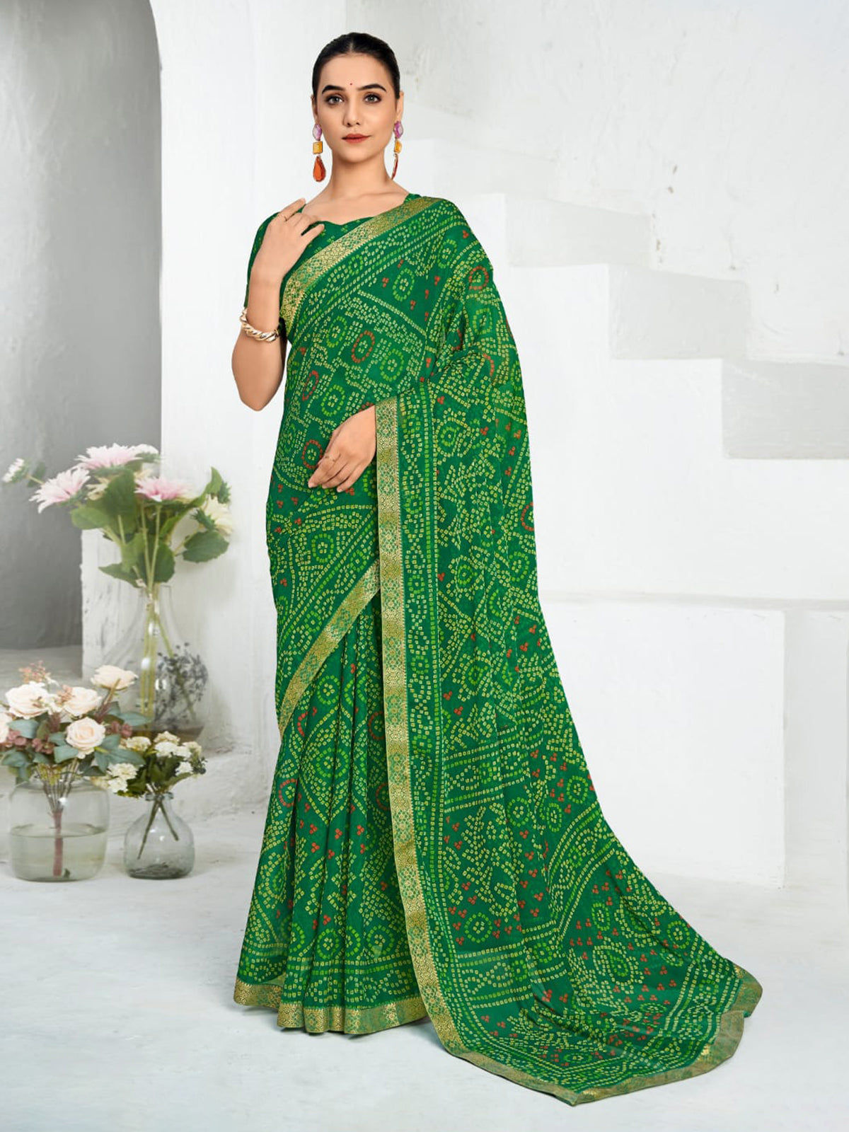 Green chiffon printed saree for festivals
