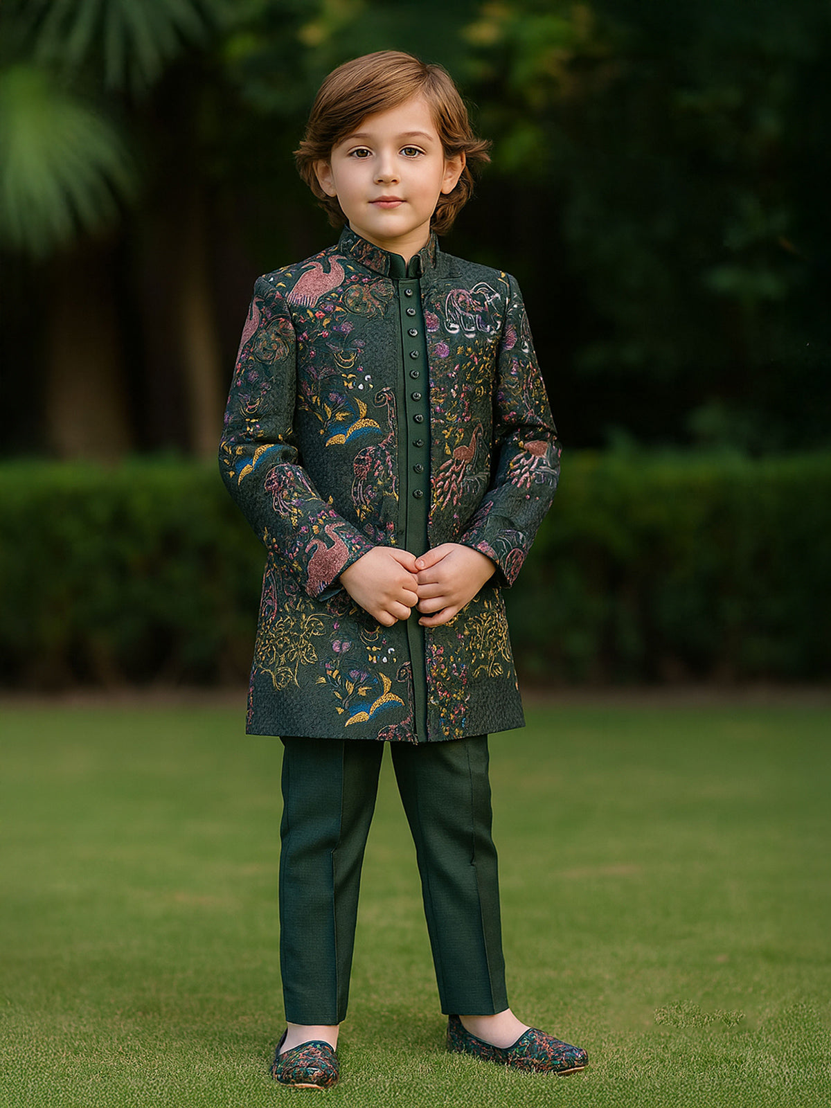 Green cotton silk embroidered indowestern suit