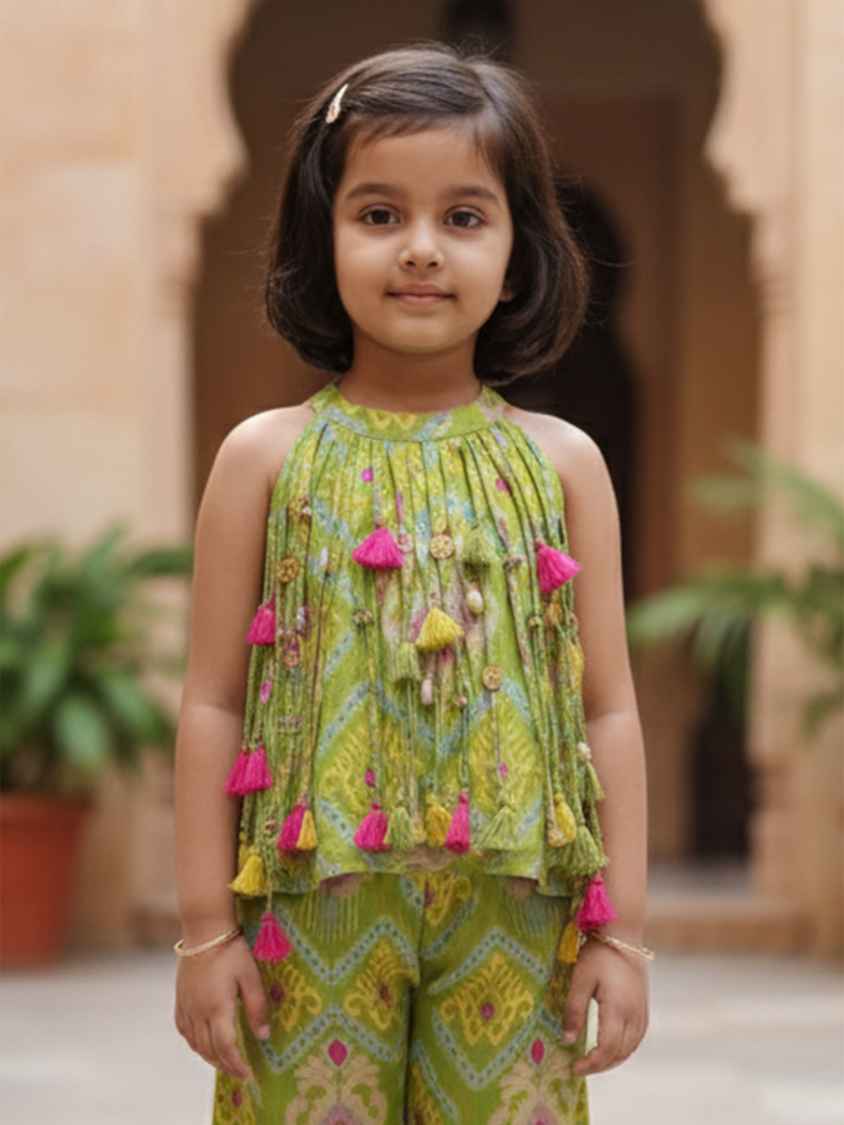 Green cotton silk printed co-ord set with cowrie shell and tassel work
