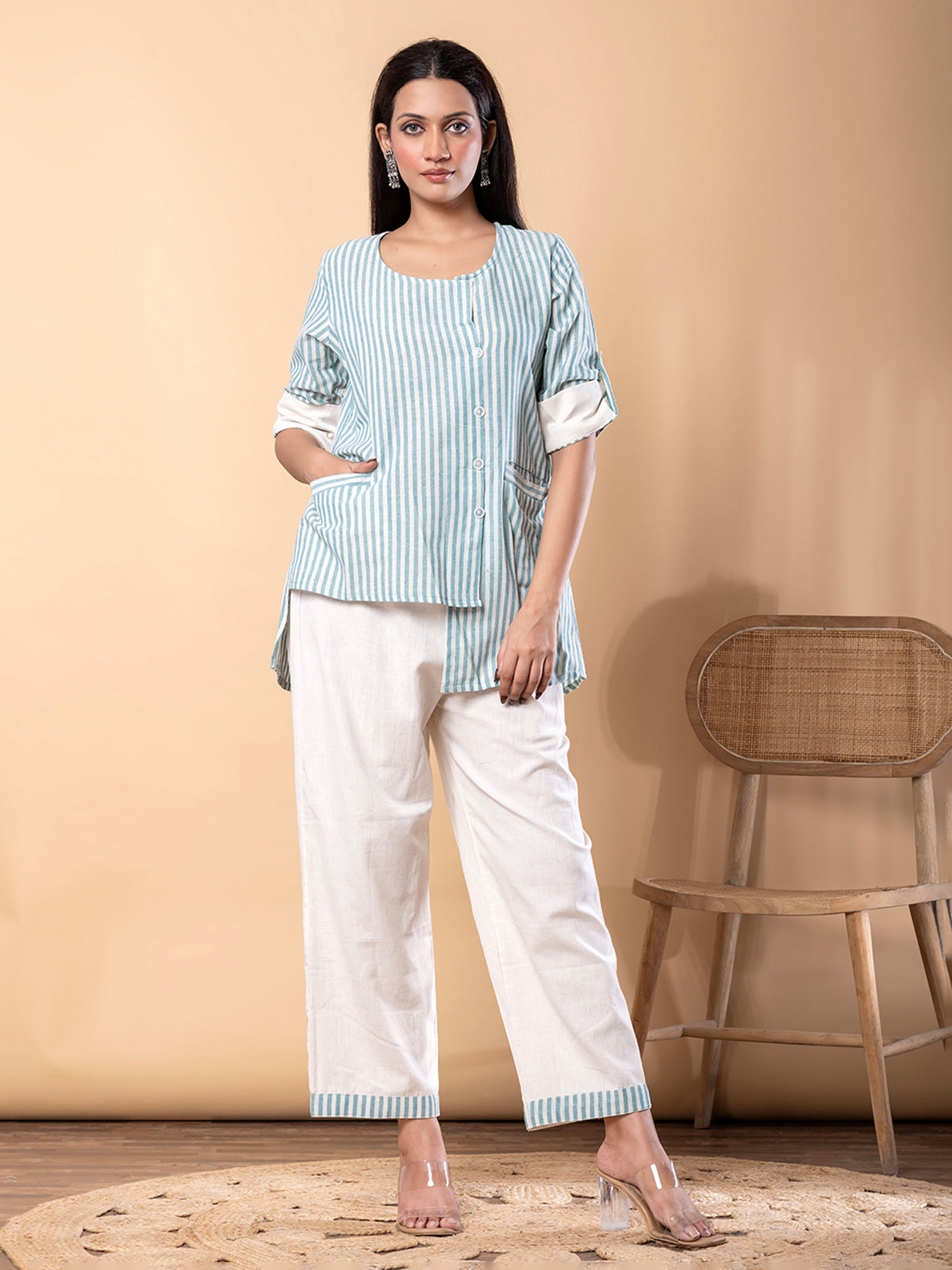Green cotton silk striped co ord set