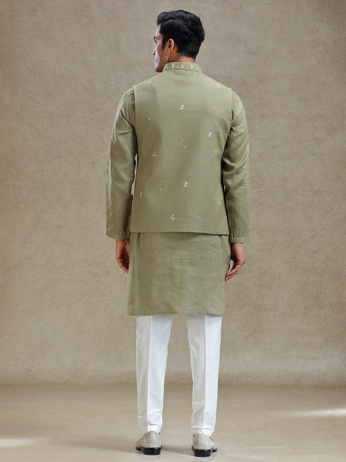 Green mirror worked waistcoat set for wedding