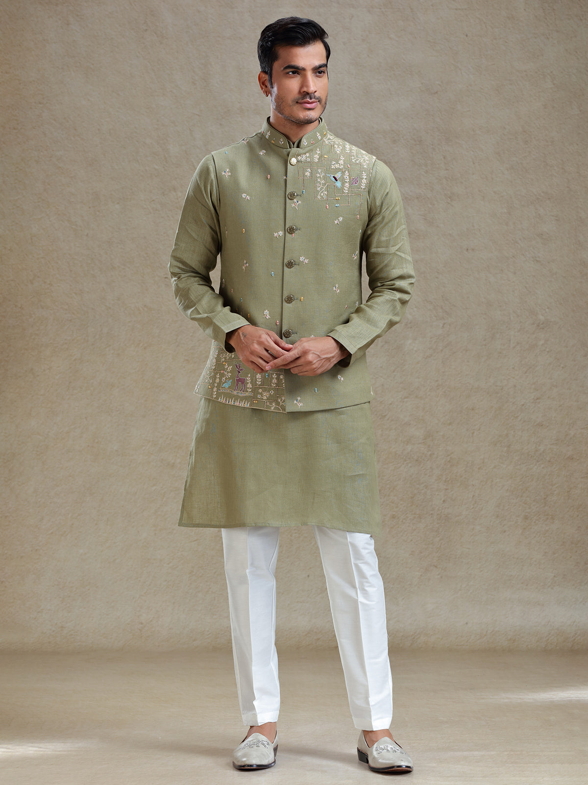 Green mirror worked waistcoat set for wedding
