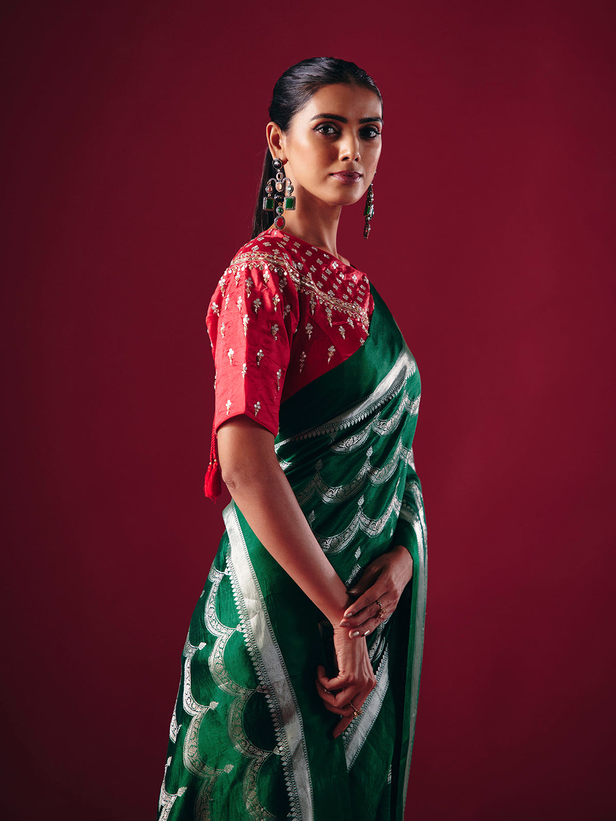 Green silk saree with silver zari weave