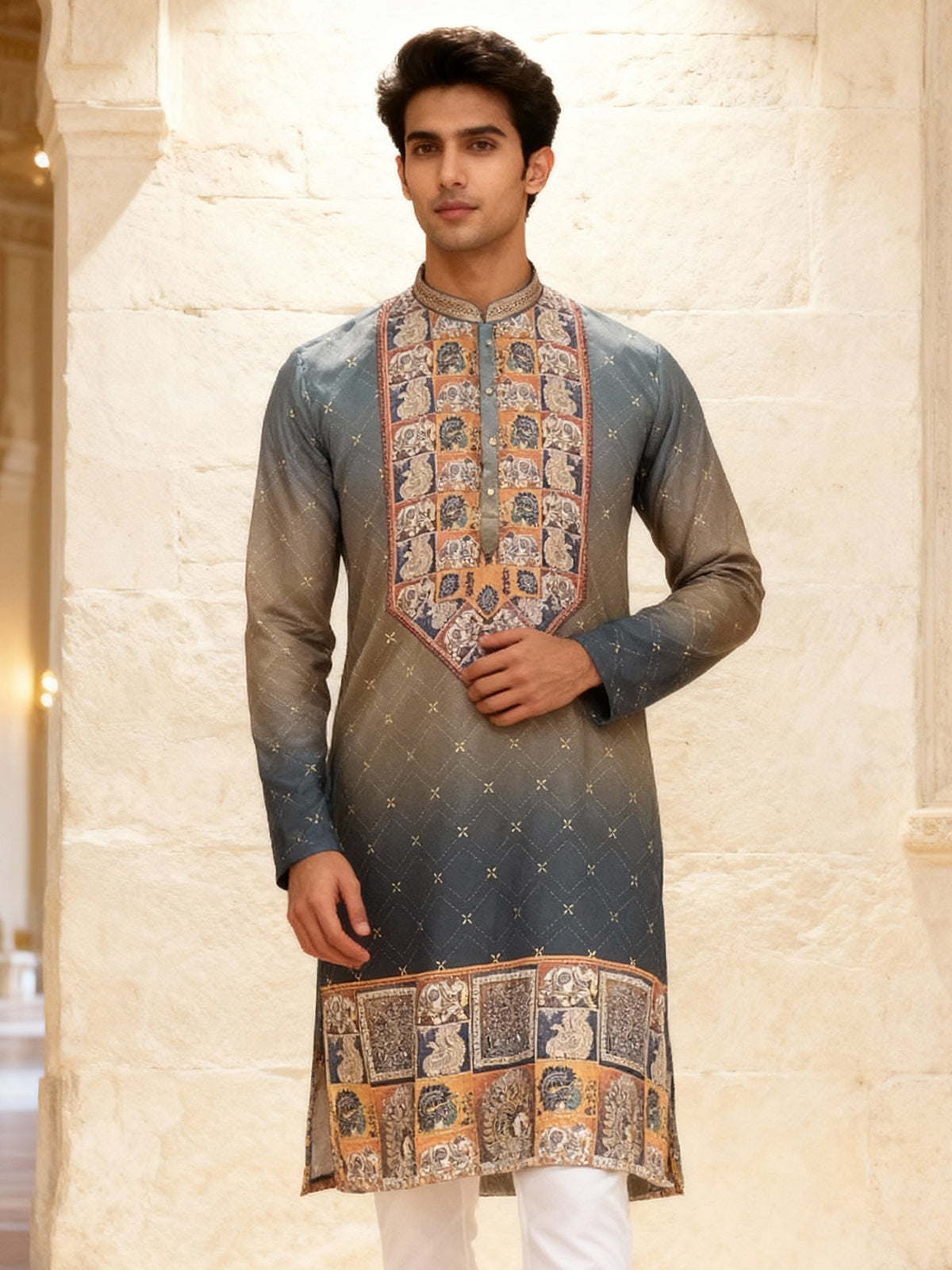 Grey and beige shaded daman printed kurta suit
