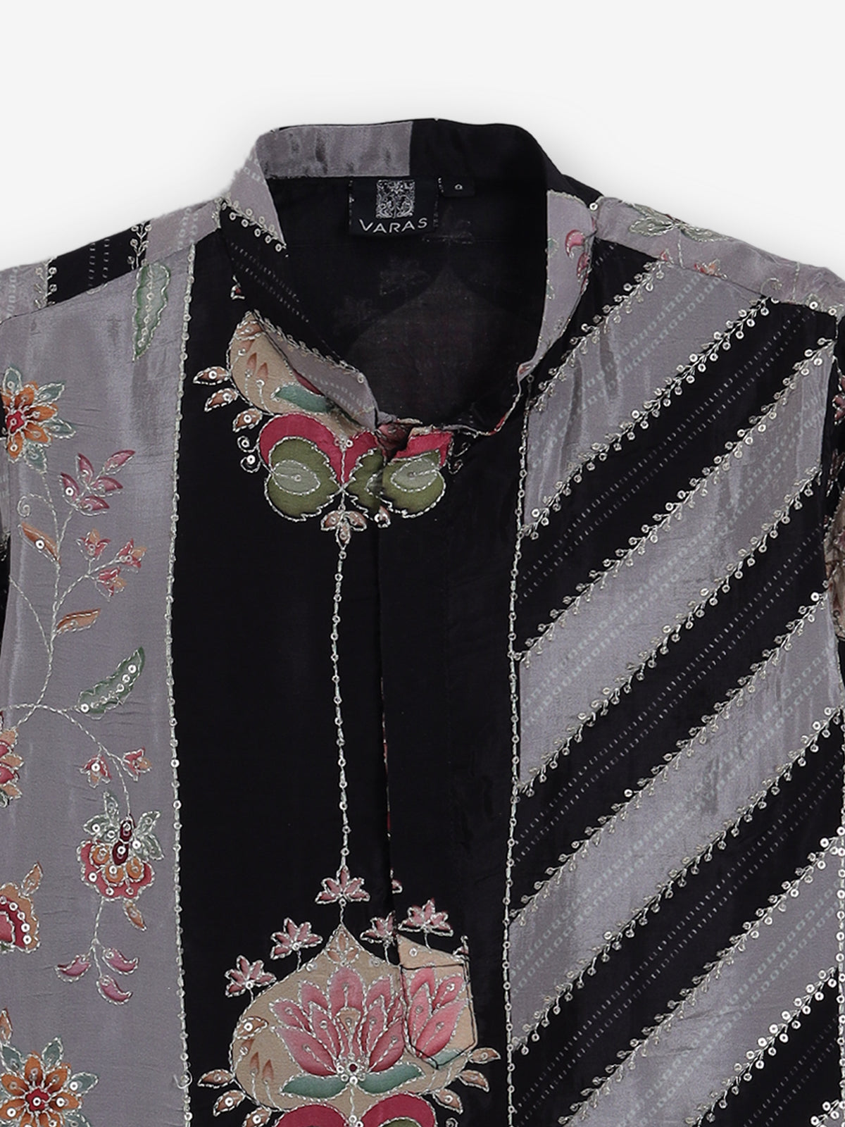 Grey and black silk printed resham sequined kurta suit