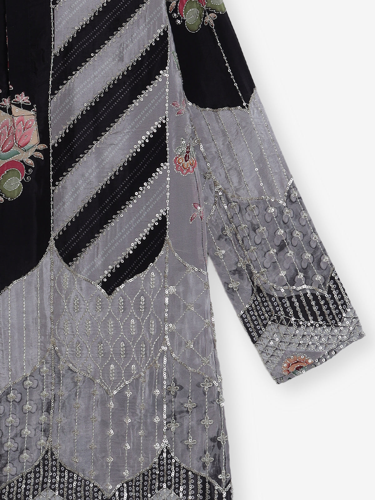 Grey and black silk printed resham sequined kurta suit
