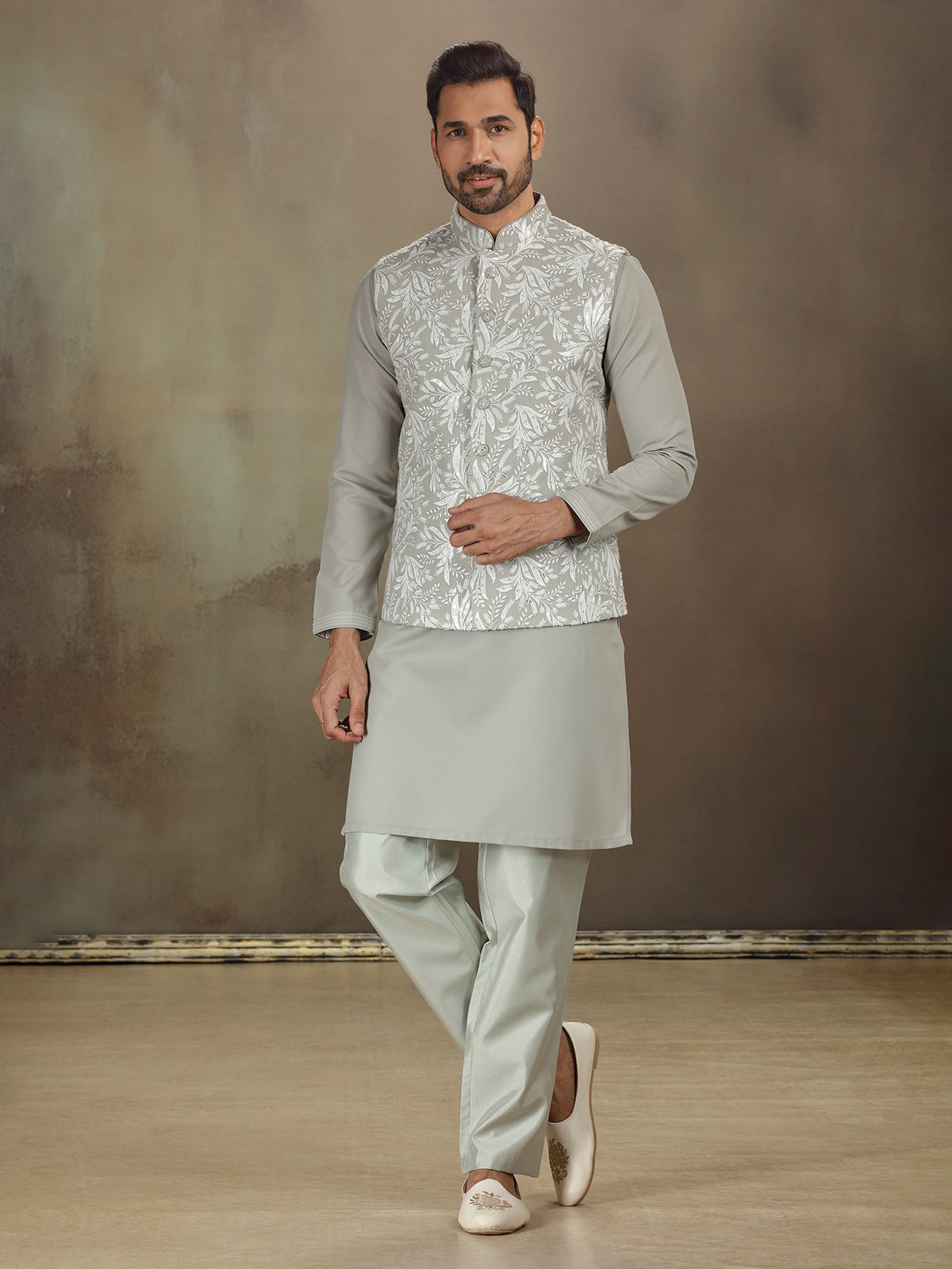 Grey cotton silk embroidered waistcoat set