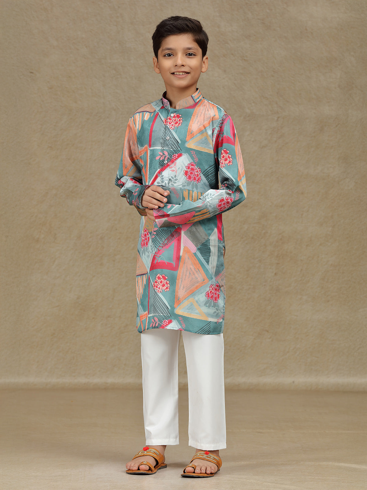 Grey cotton silk printed kurta set for boys