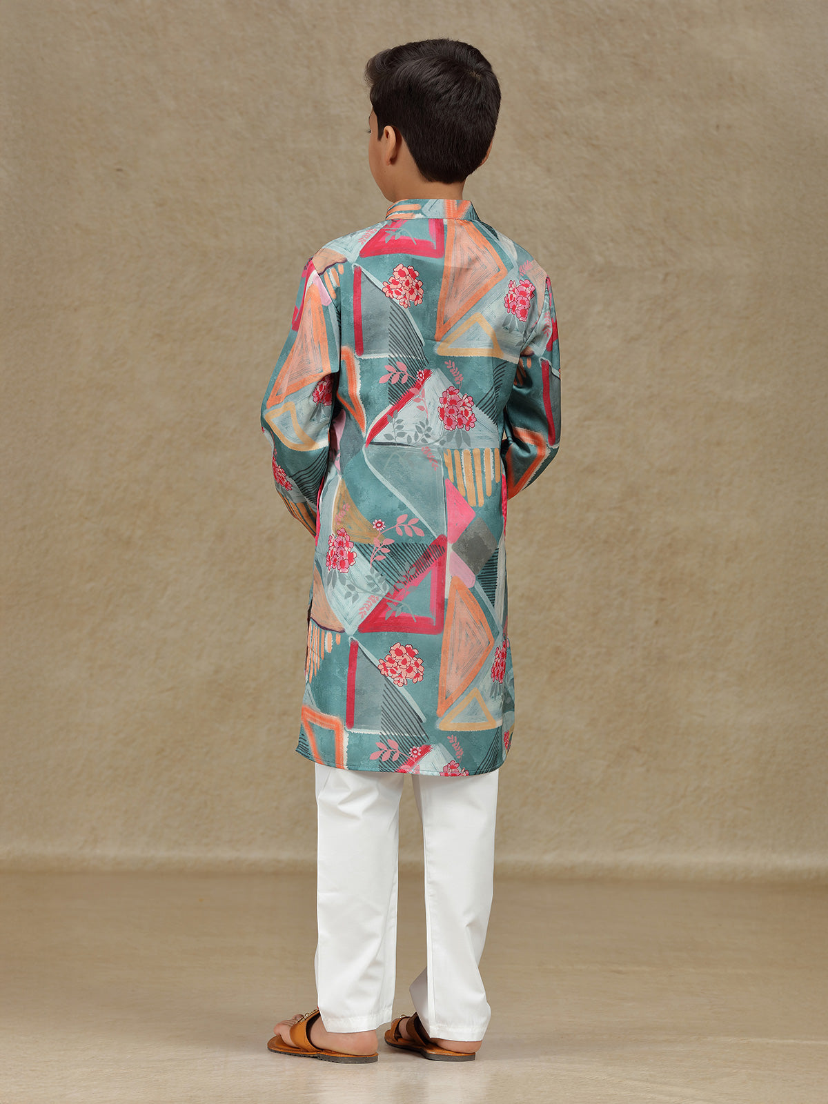 Grey cotton silk printed kurta set for boys