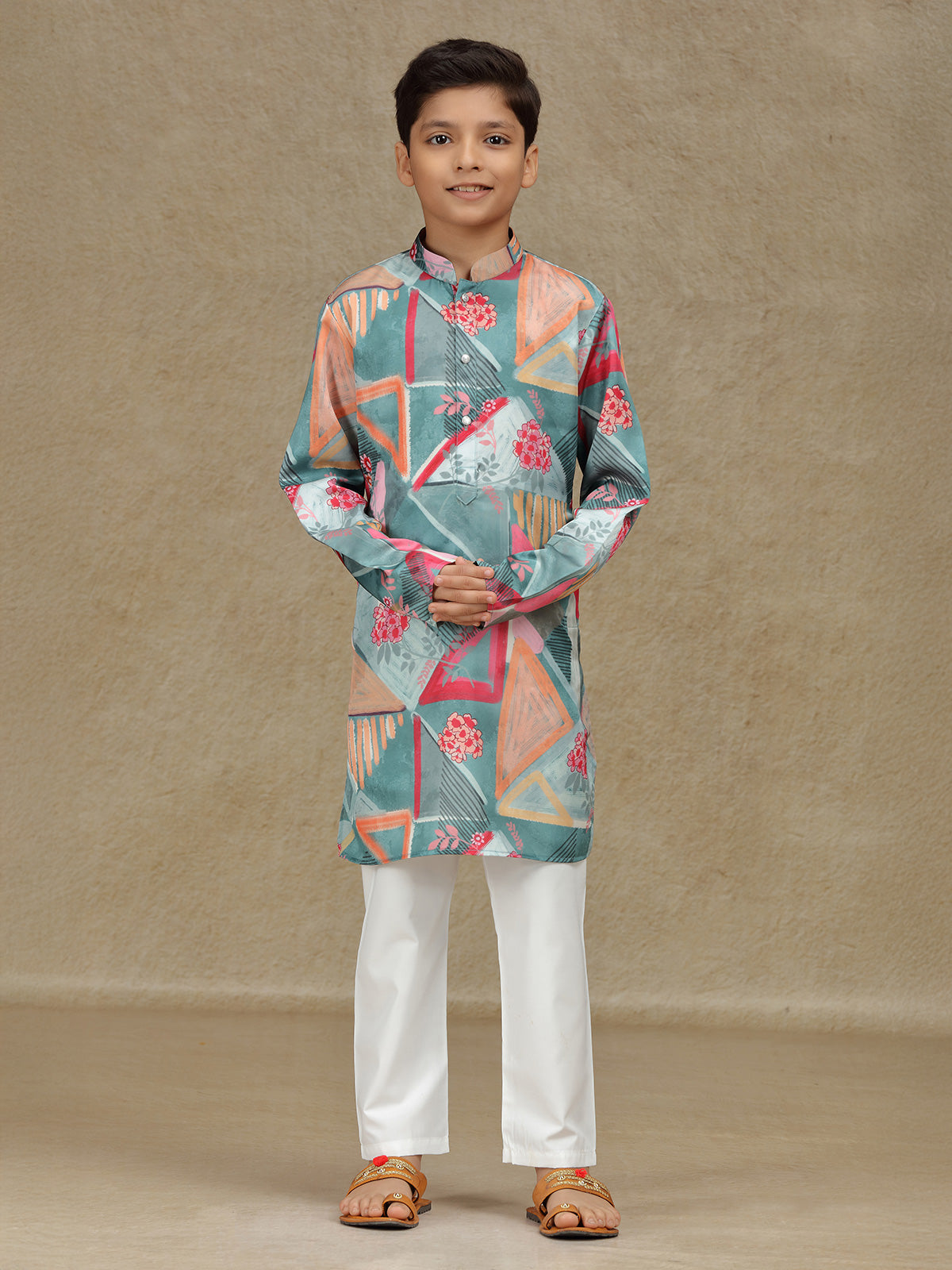 Grey cotton silk printed kurta set for boys