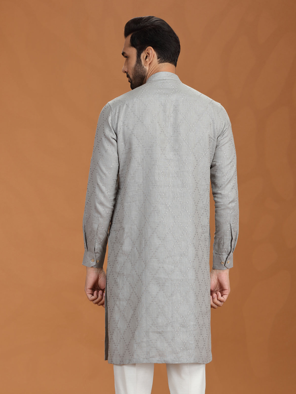 Grey embroidered linen kurta with mandarin collar