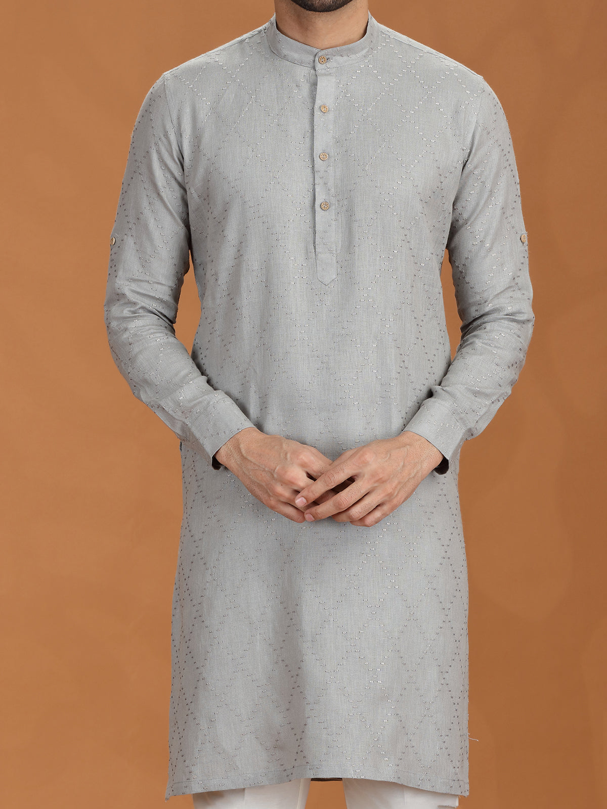 Grey embroidered linen kurta with mandarin collar