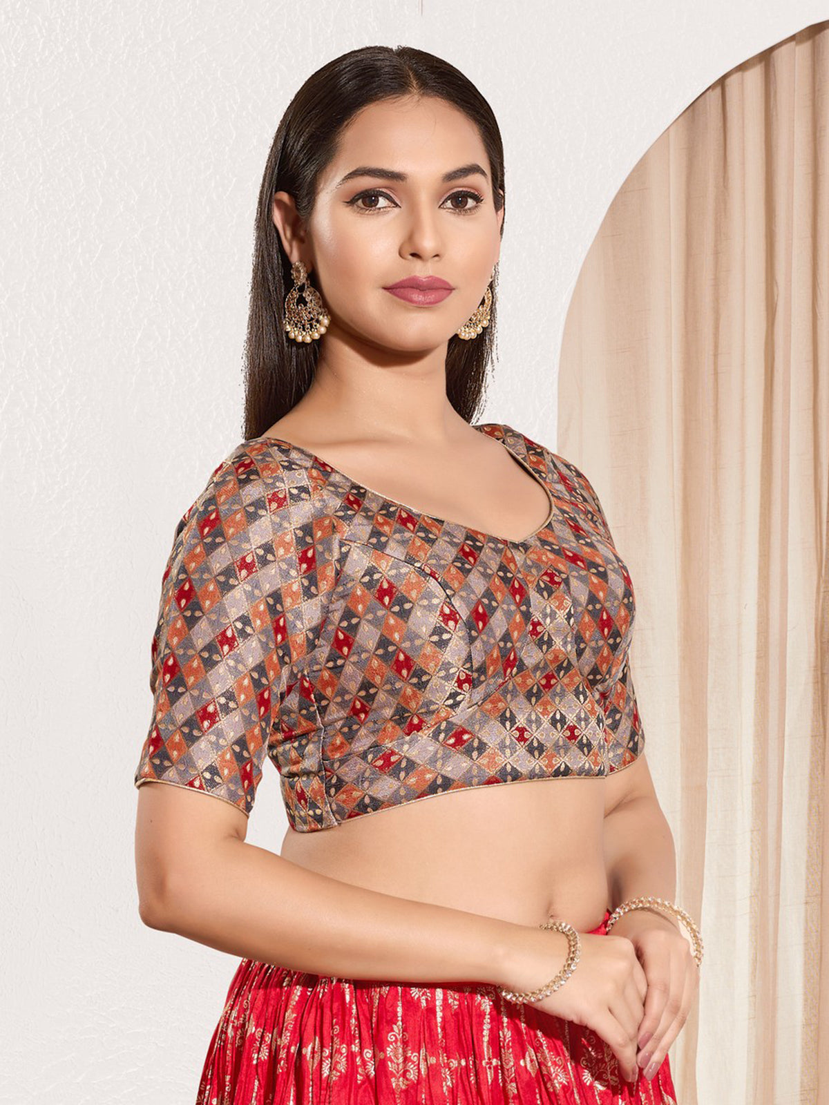 Grey jacquard printed blouse with elbow sleeves