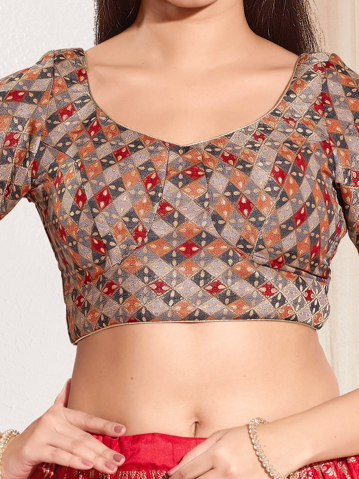 Grey jacquard printed blouse with elbow sleeves