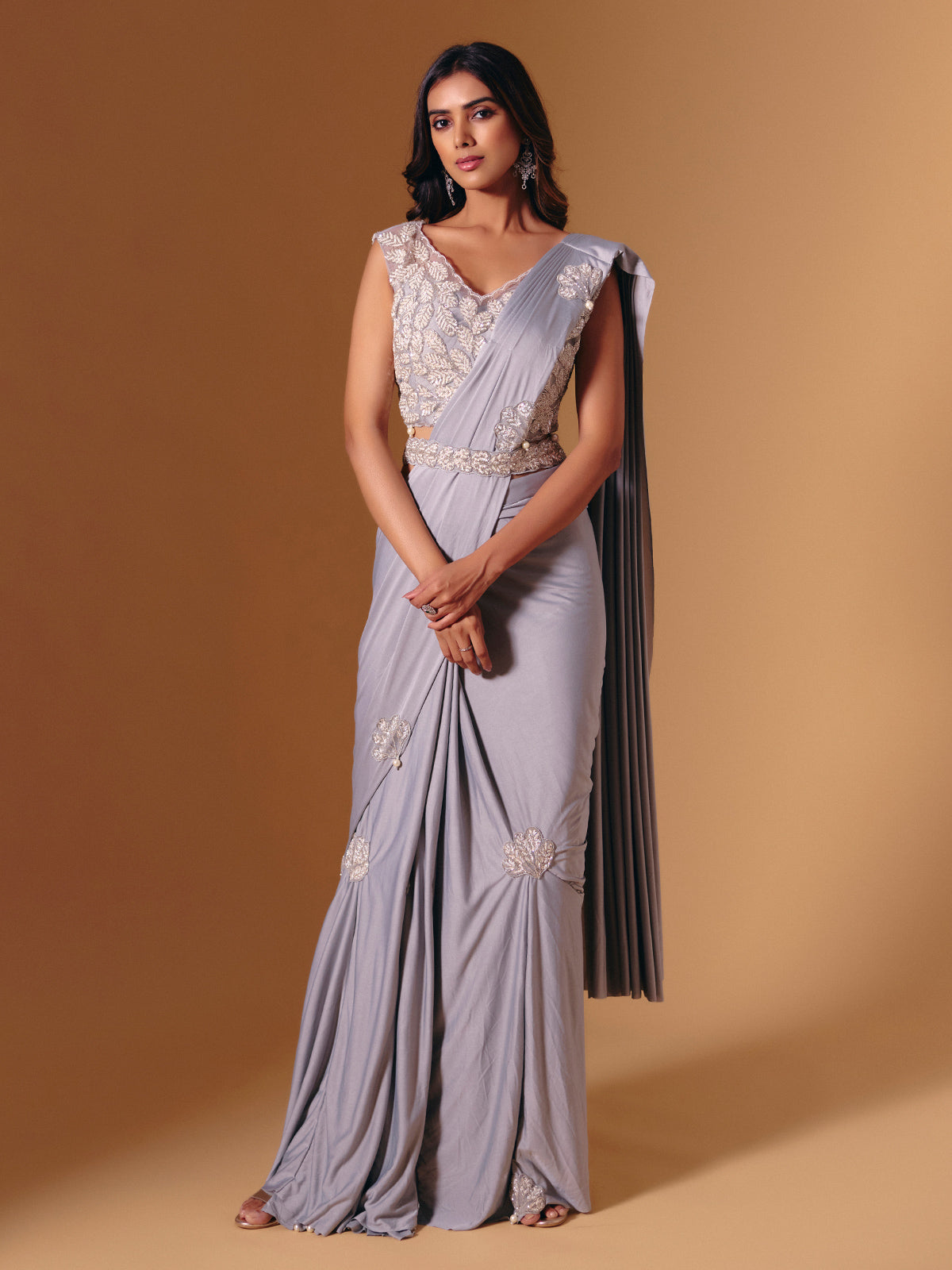Grey lycra saree with pearl and cutdana detailing