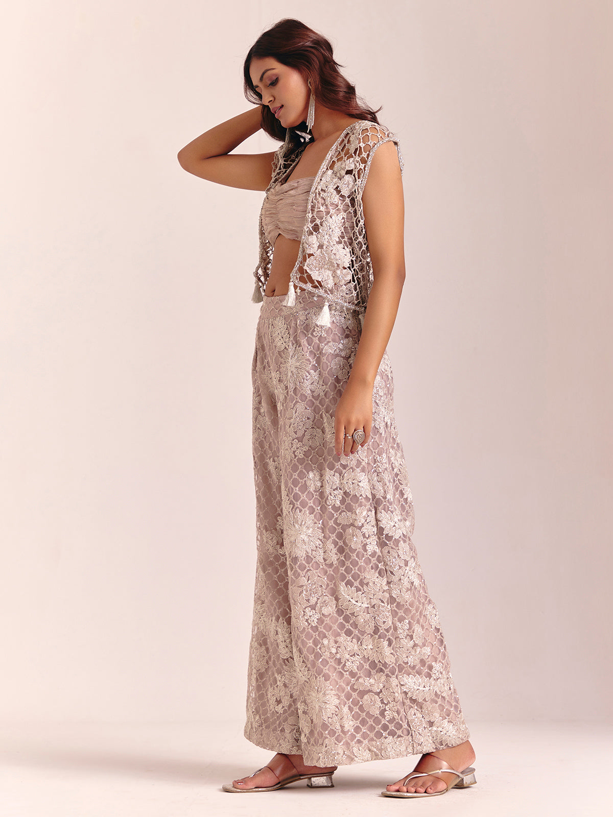Grey net jacket style designer wedding palazzo suit