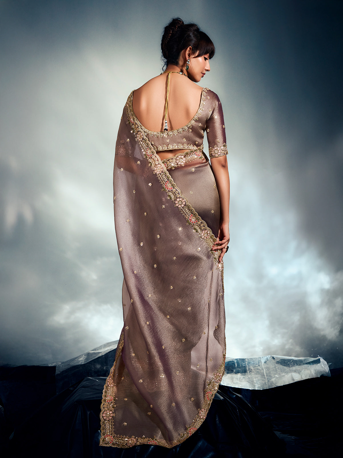 Grey organza saree with rich detailing