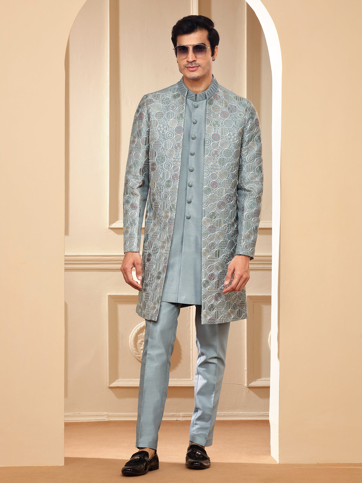 Grey raw silk embroidery indowestern