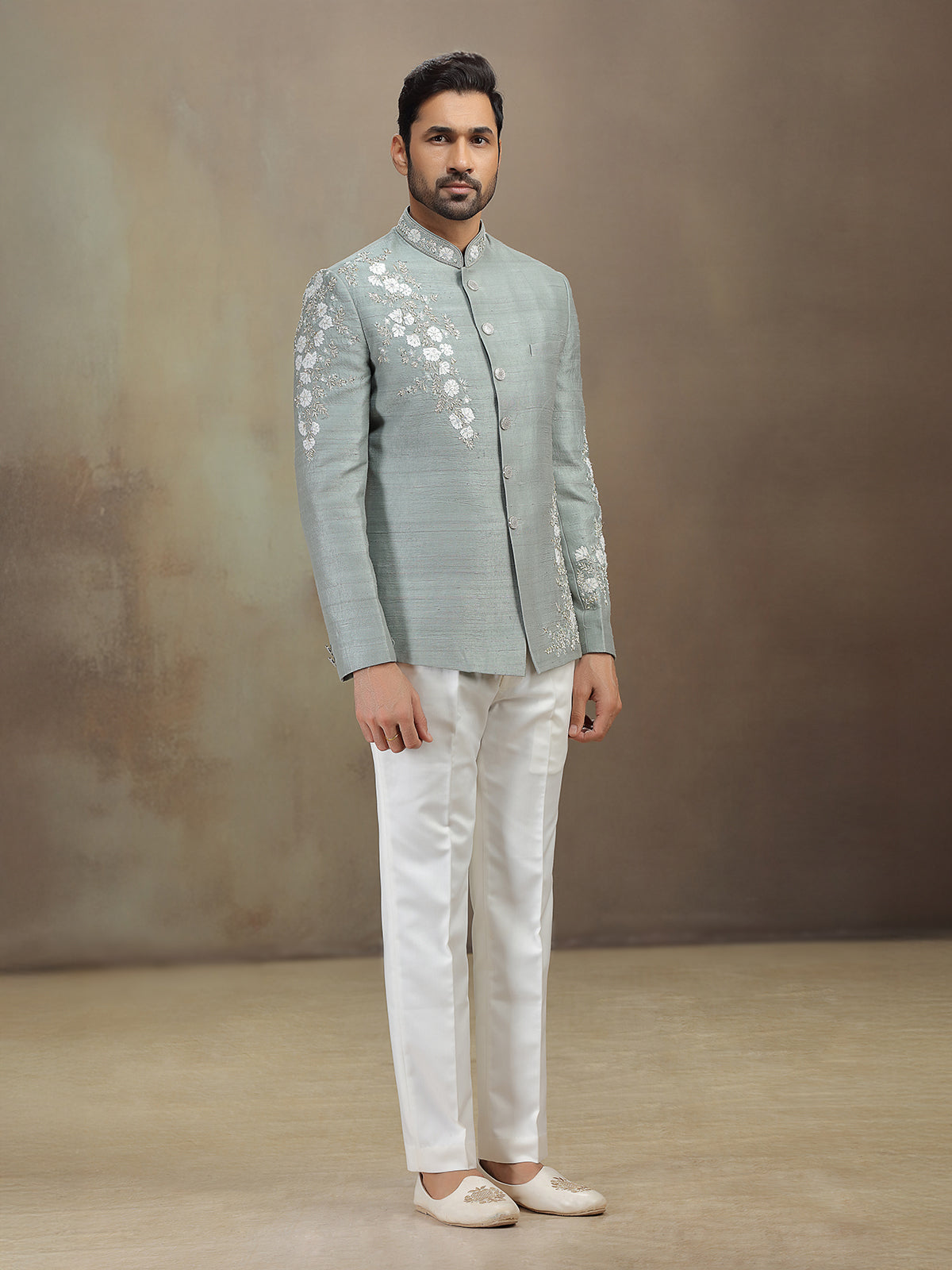 Grey raw silk wedding wear jodhpuri suit for men