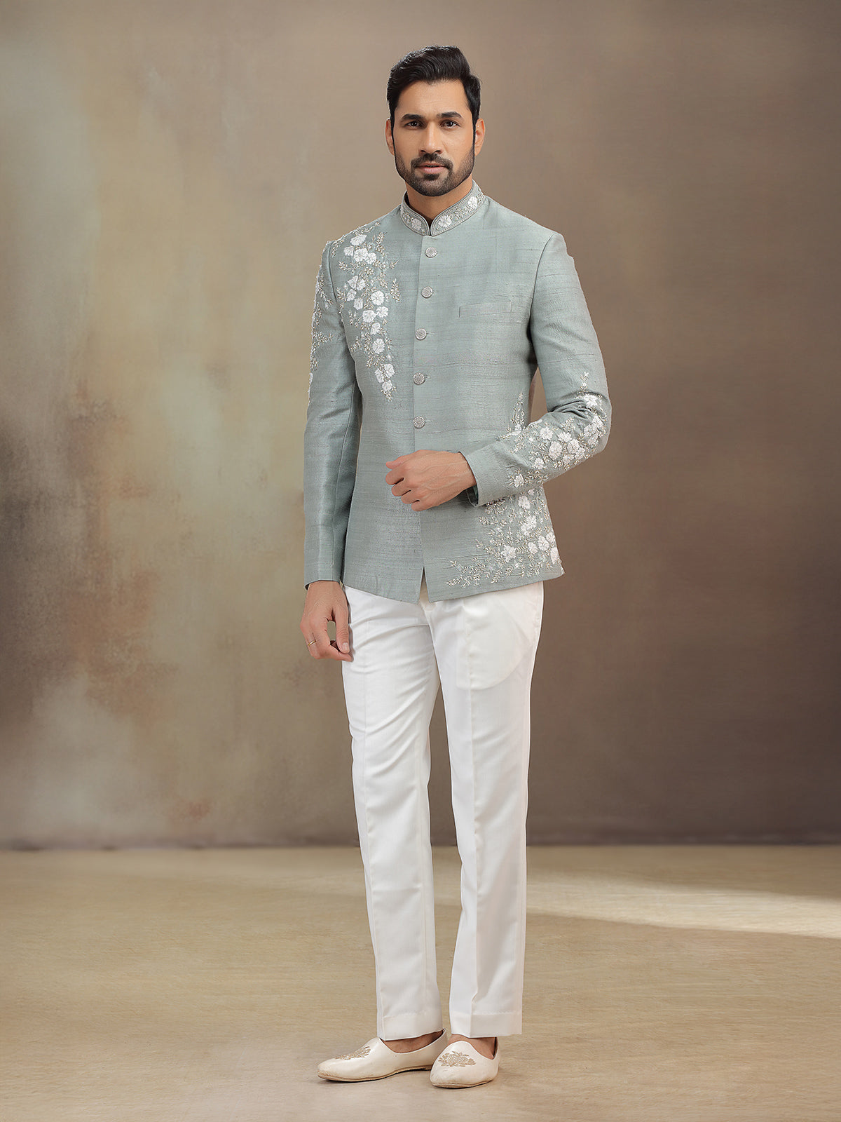Grey raw silk wedding wear jodhpuri suit for men