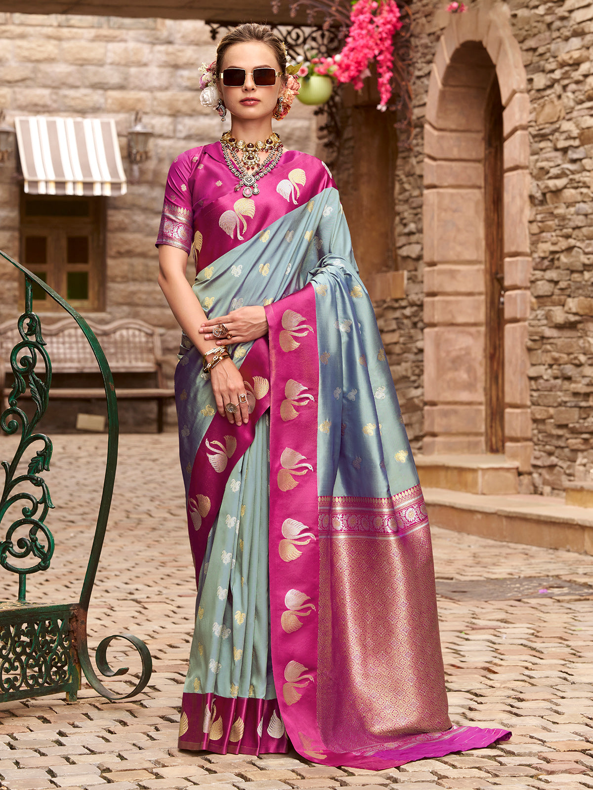 Grey satin silk drape with elegant zari