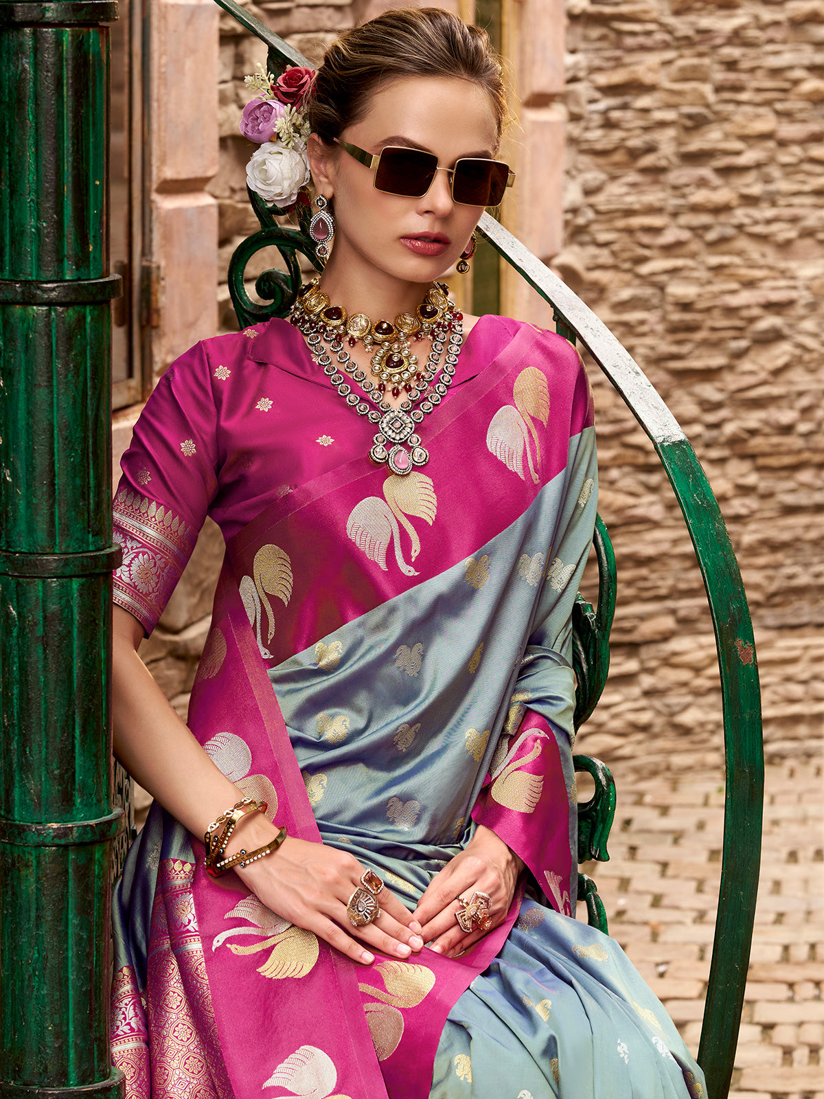 Grey satin silk drape with elegant zari